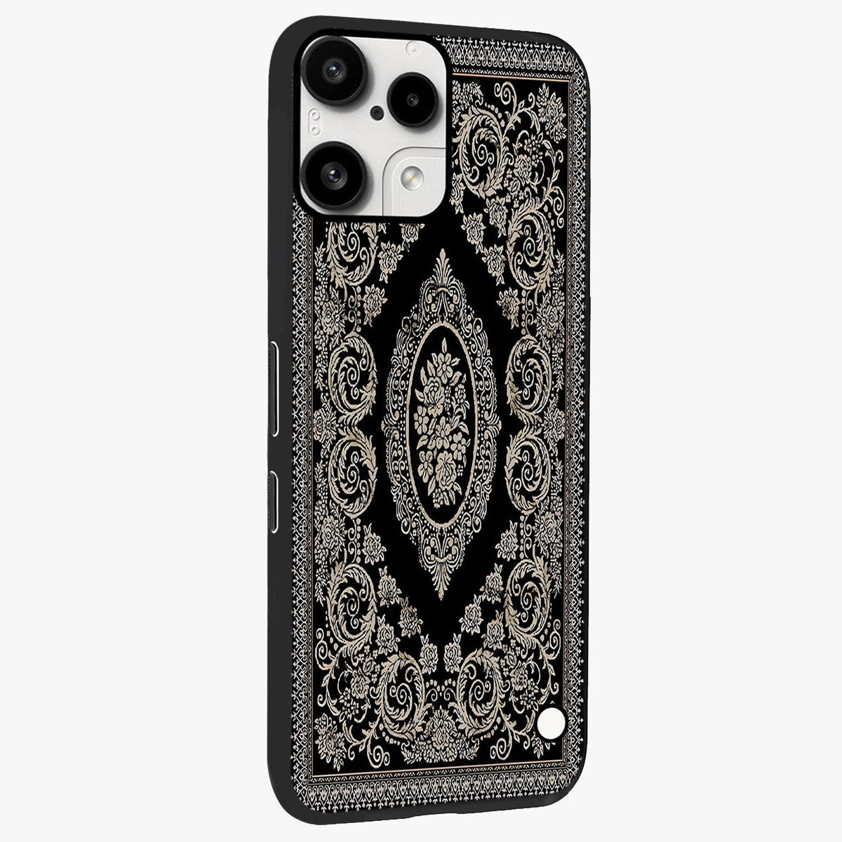Noir Bloom Elegance Glass Case upright view showcasing graceful floral artwork with luxurious dark theme.