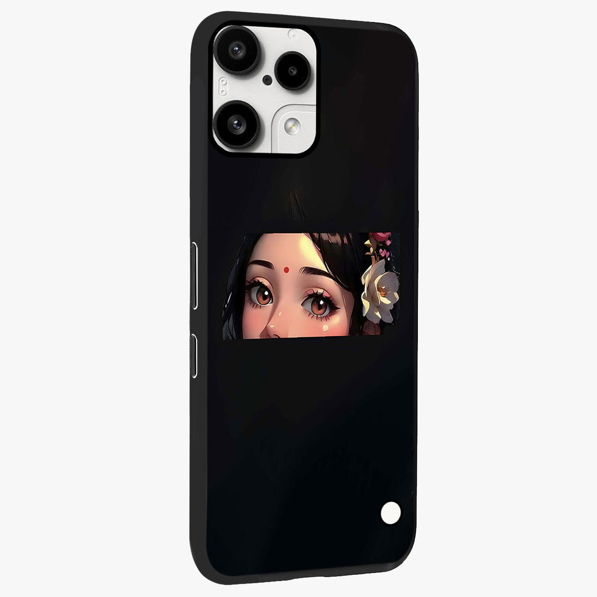 Radha Divine Embrace Glass Case upright view showcasing sacred Radha themed artwork with peaceful devotional style.