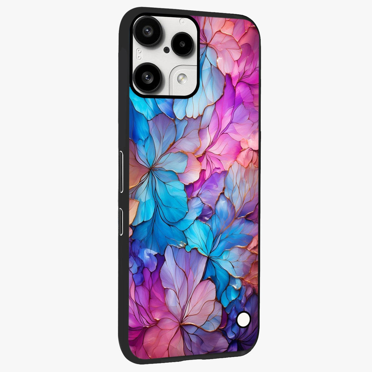 Radiant Floral Whirl Glass Case upright view showcasing lively floral artwork with decorative swirl theme.