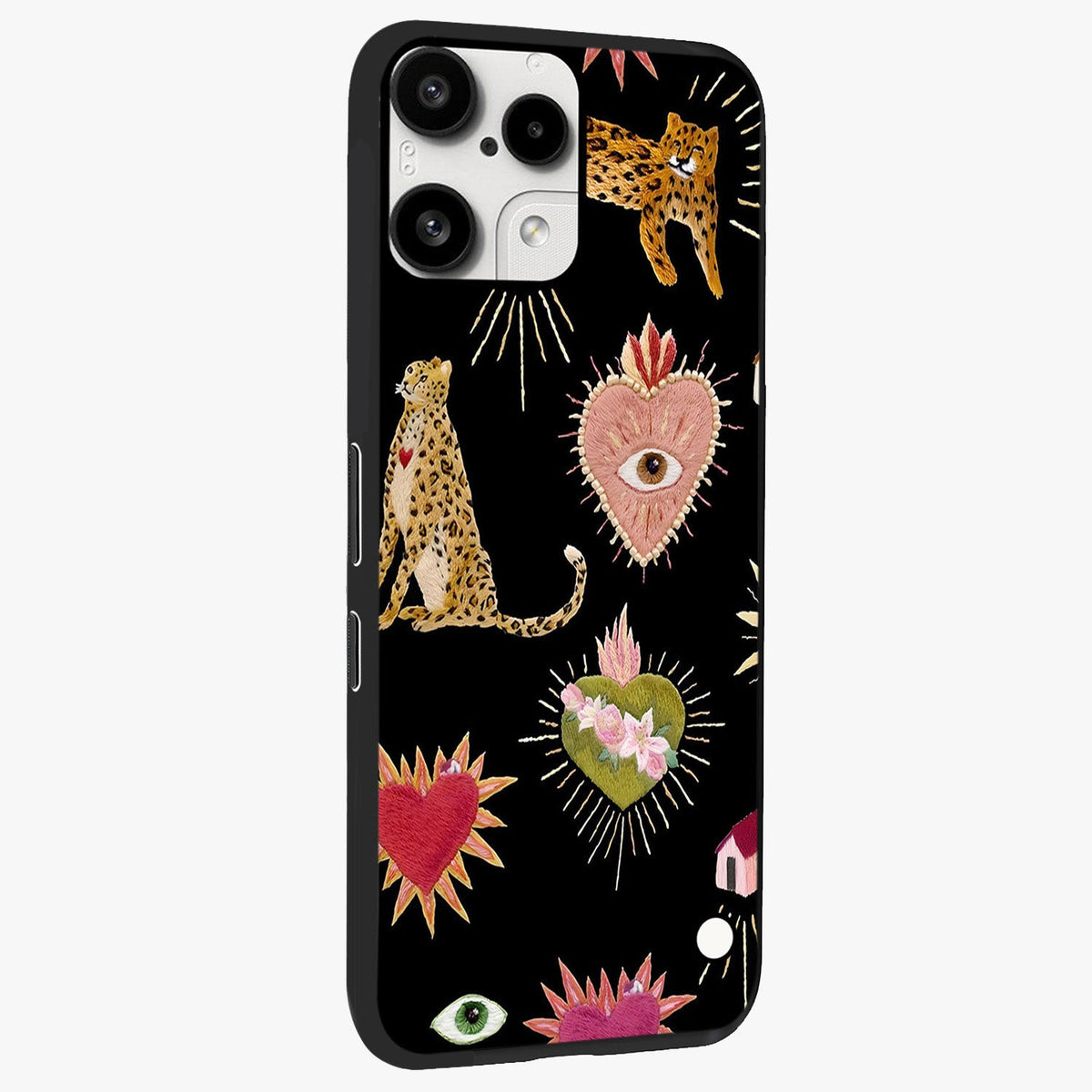Sacred Jungle Heart Glass Case upright view showcasing vibrant jungle artwork with symbolic heart theme.
