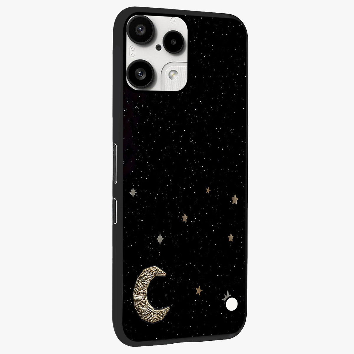 Twinkle Star With Half Moon Glass Case upright view showcasing glowing cosmic artwork with dreamy night theme.