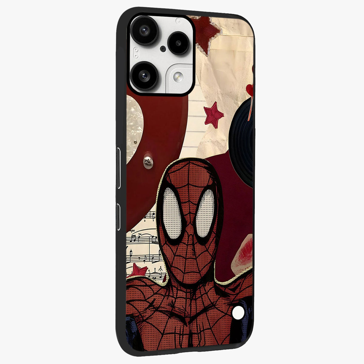 Web Warrior Vibes Glass Case upright view showcasing energetic superhero artwork with bold action theme.