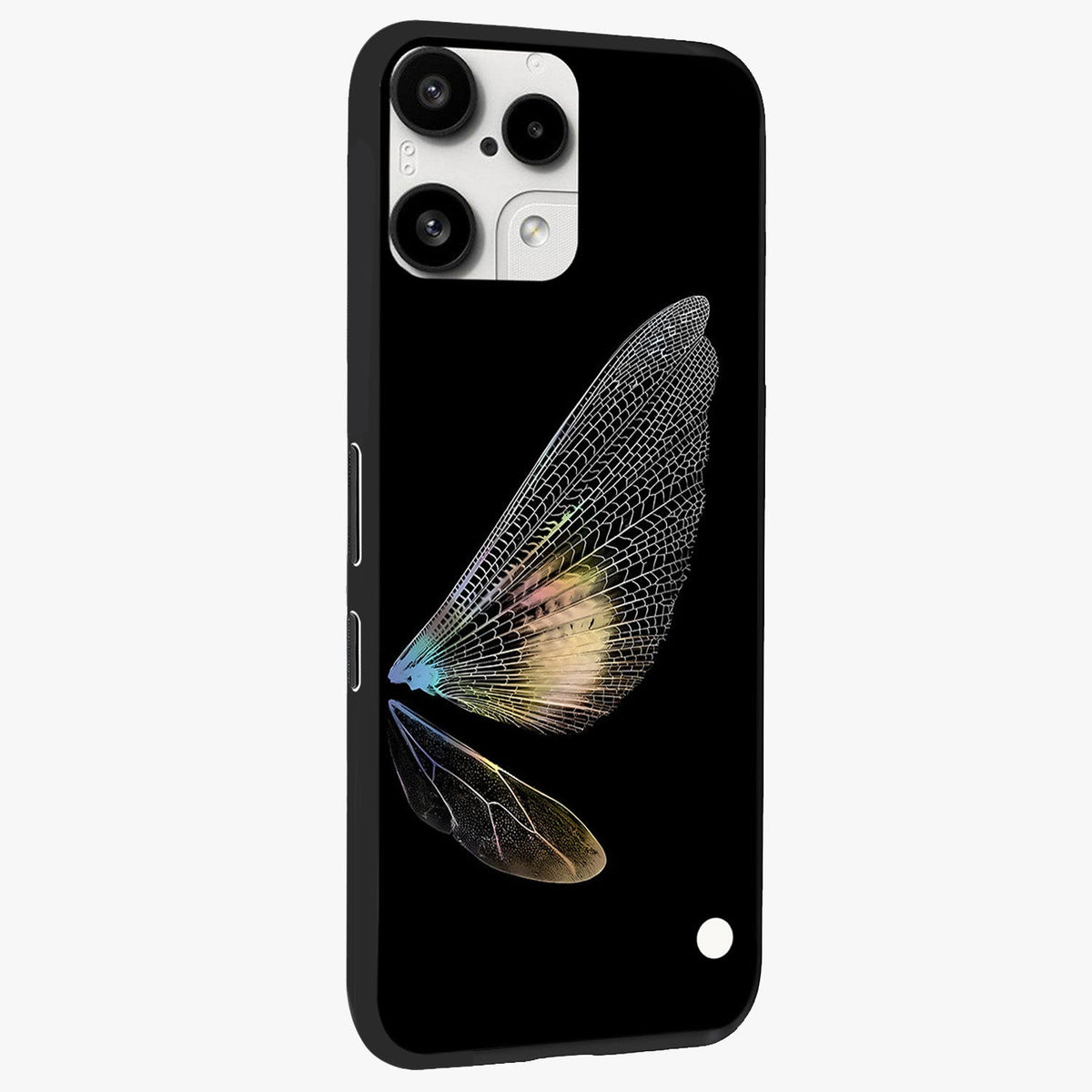 Whispers Of Wings Glass Case upright view showcasing elegant wing artwork with light airy theme.