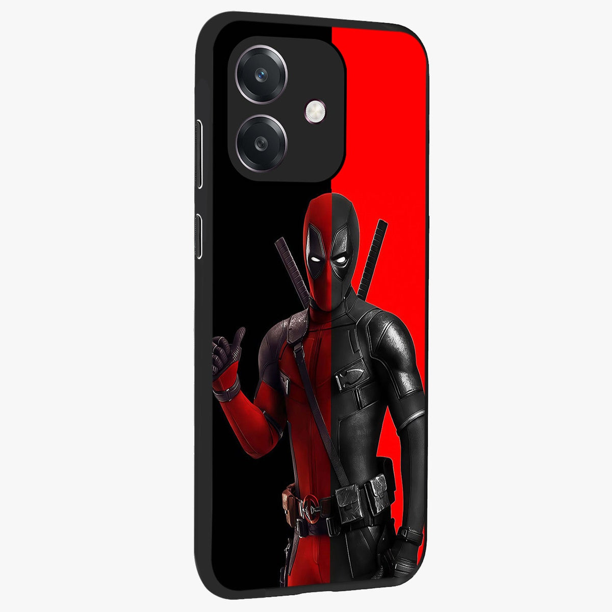 Red & Black Deadpool Theme Glass Case upright view showcasing energetic comic themed artwork with striking red and black design.