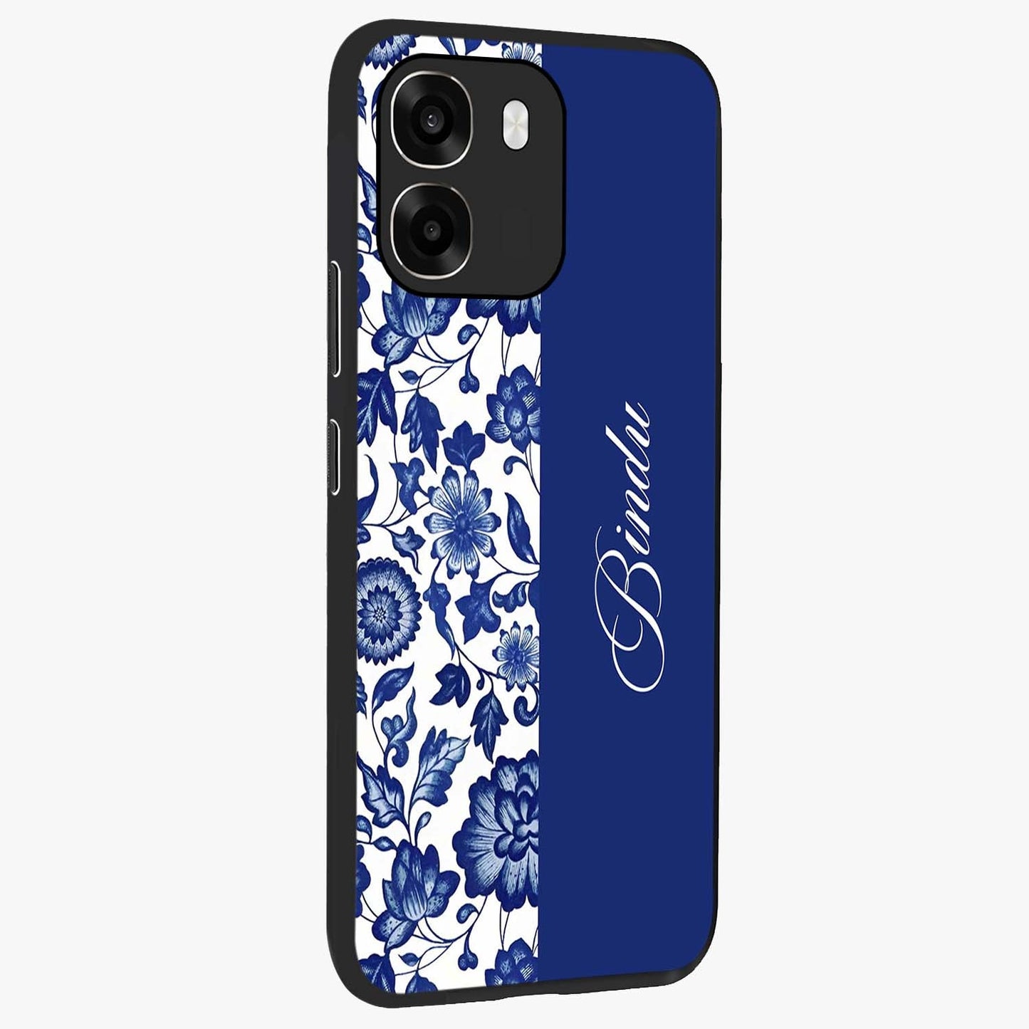 Blue Vintage Floral Pattern Glass Case upright view showcasing delicate blush floral texture with modern minimal style.