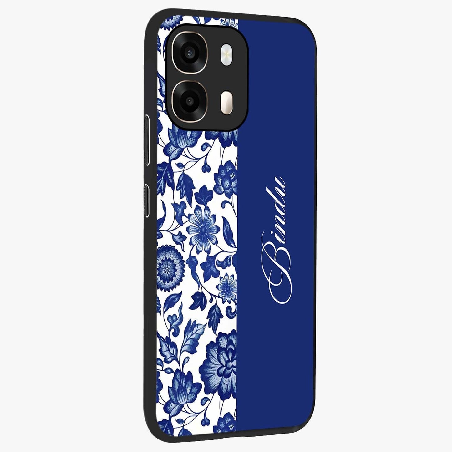 Blue Vintage Floral Pattern Glass Case upright view showcasing delicate blush floral texture with modern minimal style.