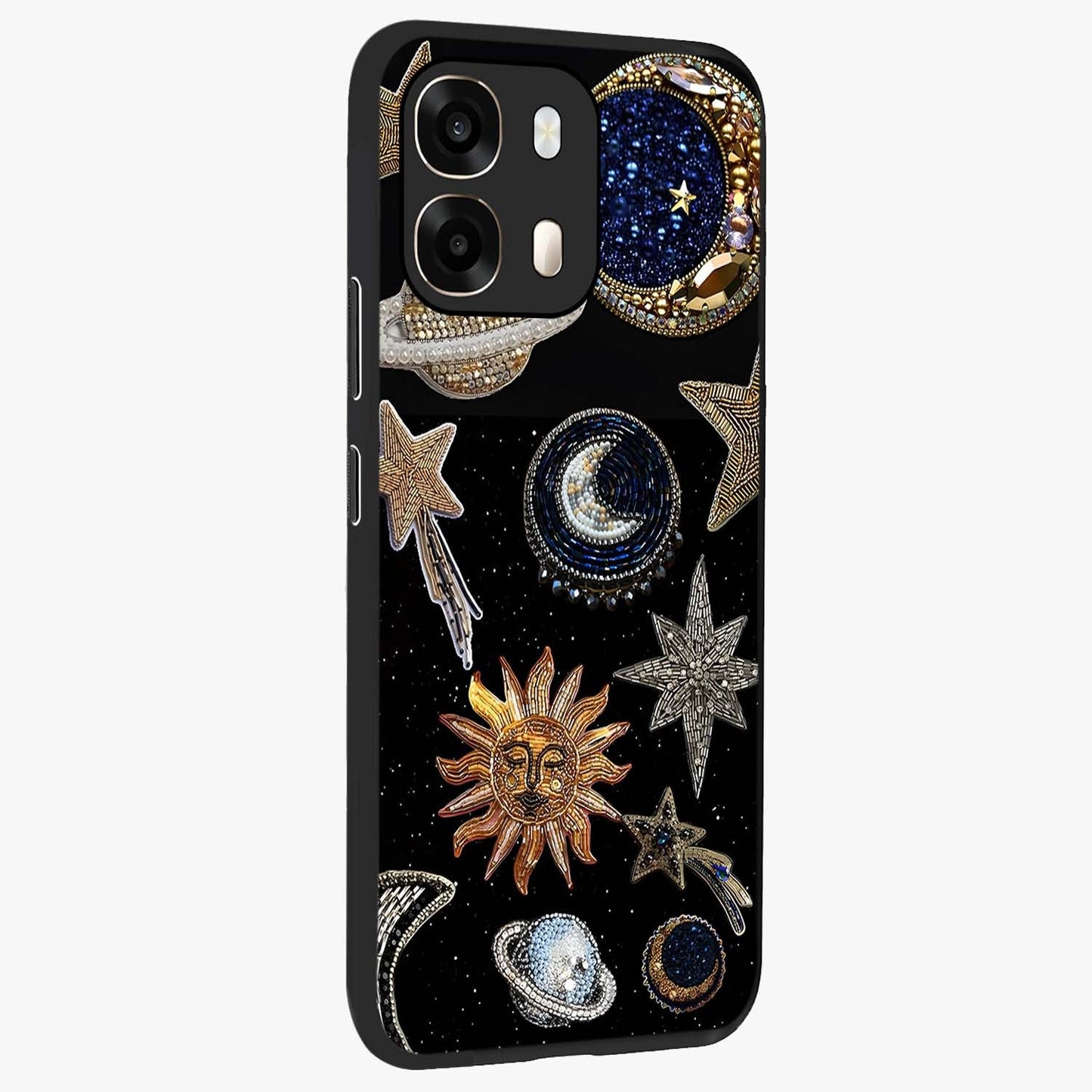 Celestial Gem Constellations Glass Case upright view showcasing cosmic constellation artwork with celestial aesthetic style.