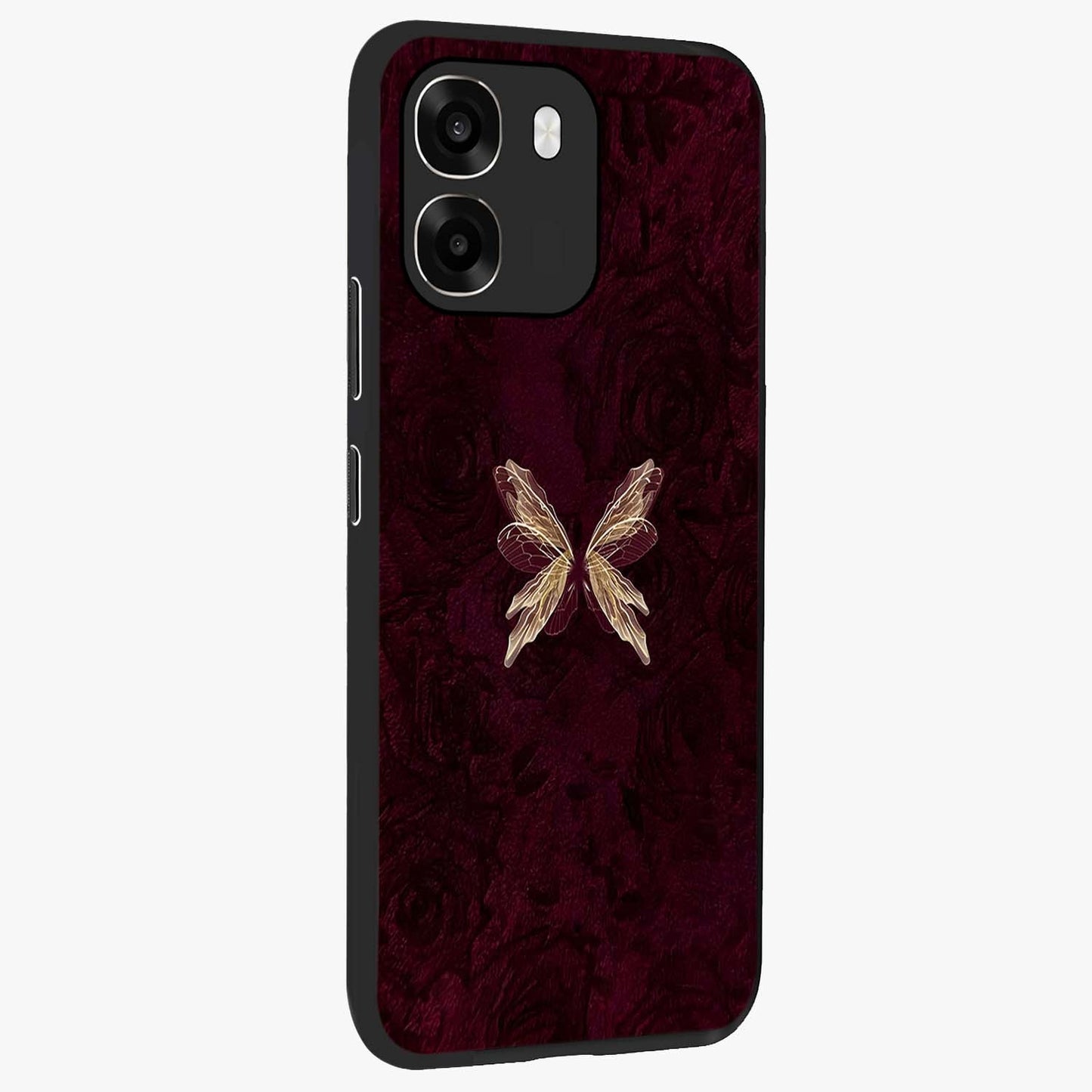 Crimson Fade Butterfly Glass Case upright view showcasing graceful butterfly artwork with soft crimson fade effect.