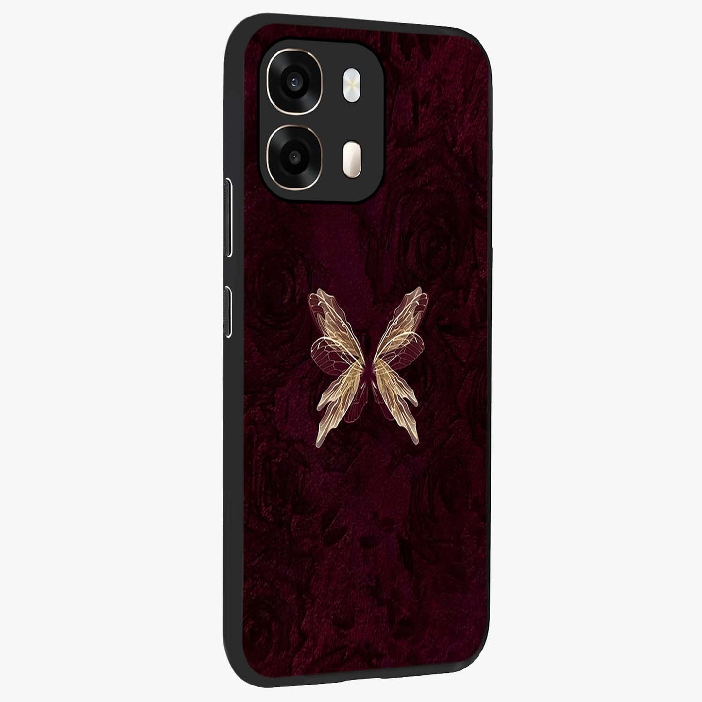 Crimson Fade Butterfly Glass Case upright view showcasing graceful butterfly artwork with soft crimson fade effect.