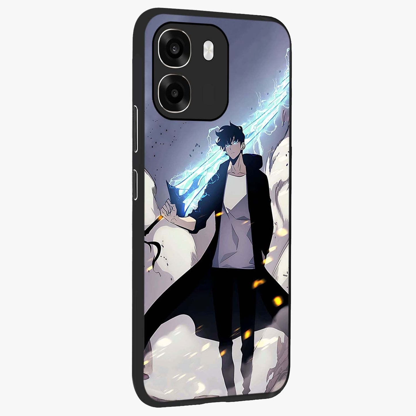 Dark Lightning Anime Warrior Glass Case upright view showcasing dramatic warrior artwork with dark lightning aesthetic.