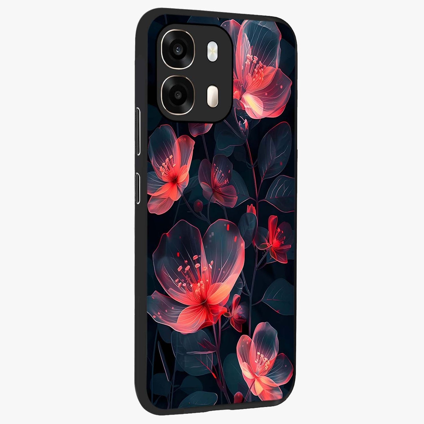 Dark Shade of Flower Glass Case upright view showcasing delicate flower artwork with rich dark floral theme.