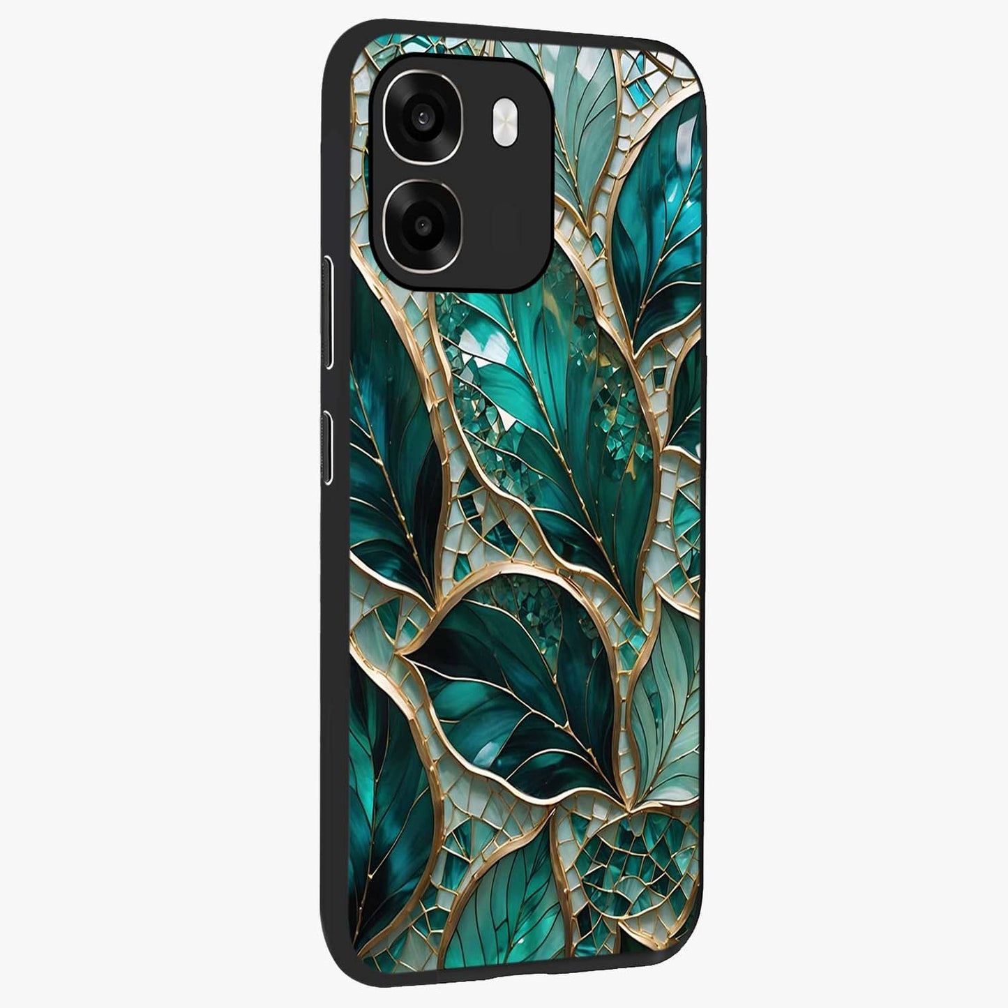 Emerald Leaf Glass Glass Case upright view showcasing fresh green leaf artwork with calming nature inspired style.