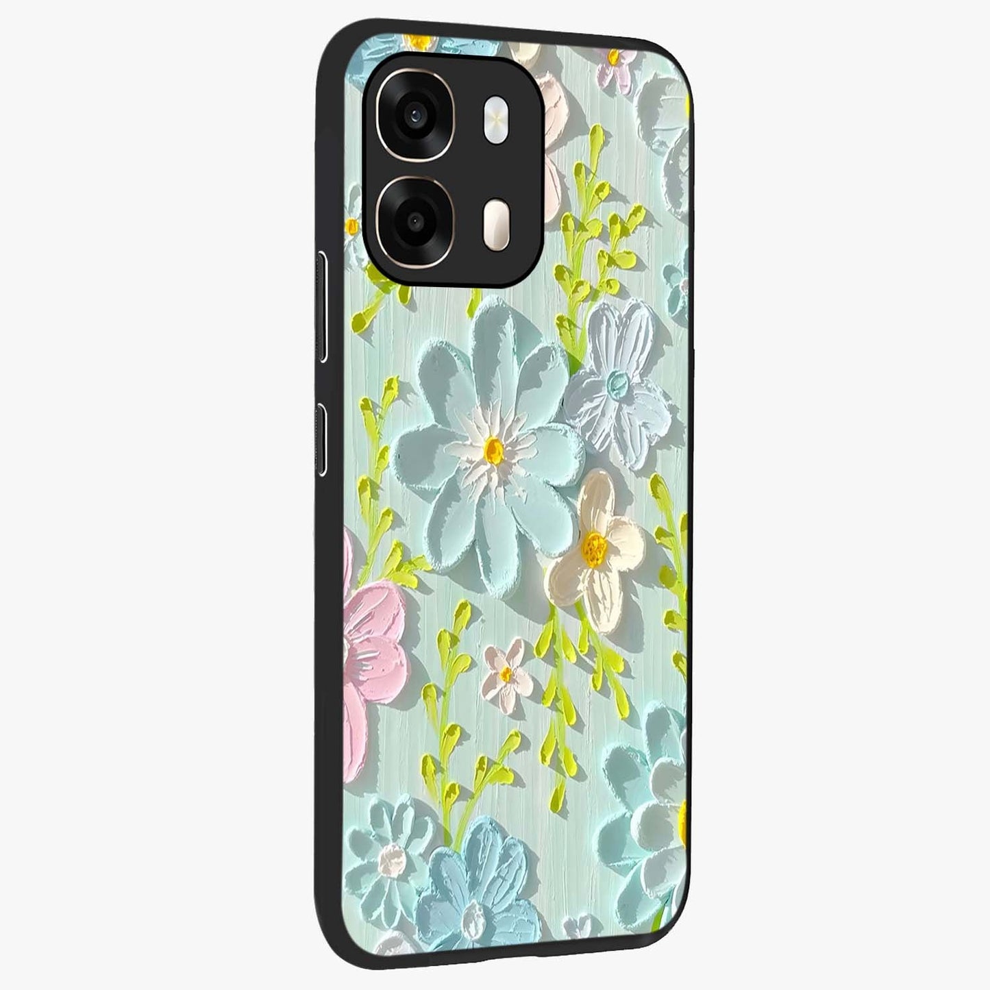 Frosted Petal Garden Glass Case upright view showcasing elegant floral garden artwork with soothing pastel theme.