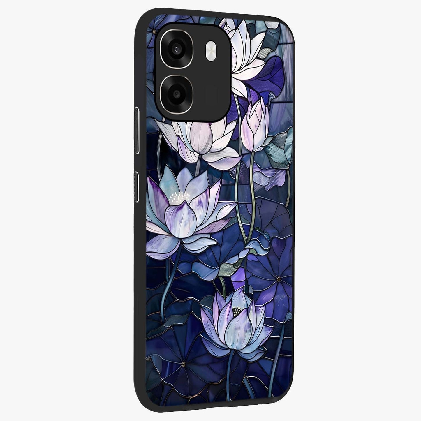 Gloss Petal Rush Glass Case upright view showcasing dynamic floral petal artwork with modern botanical theme.