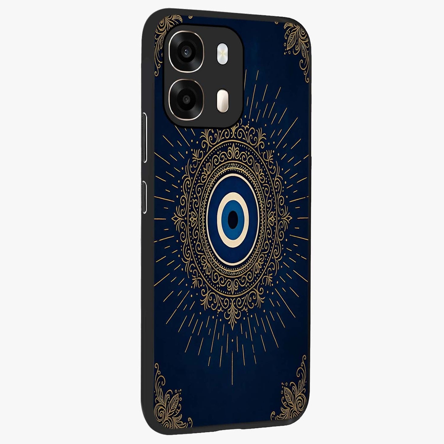 Golden Celestial Charm Glass Case upright view showcasing radiant celestial artwork with elegant golden theme.
