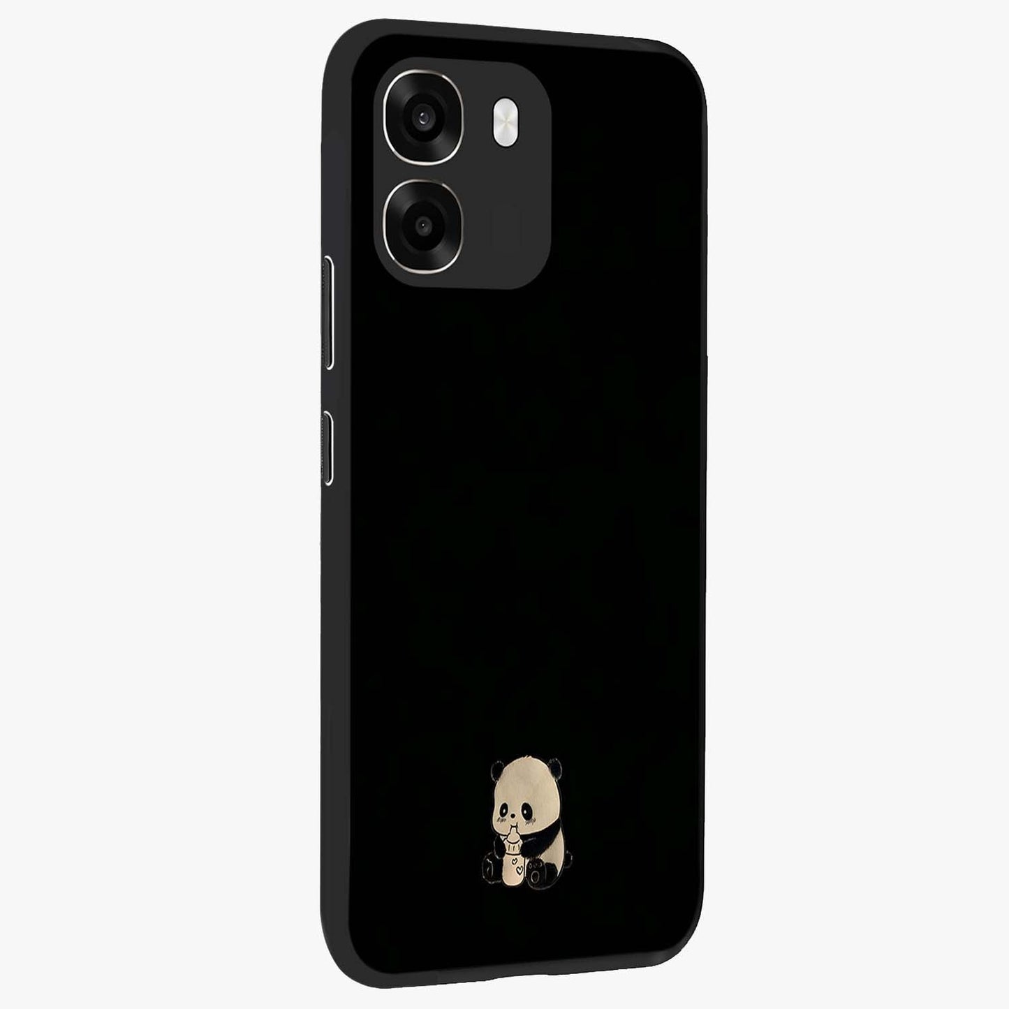Midnight Panda Love Glass Case upright view showcasing charming panda artwork with playful romantic theme.