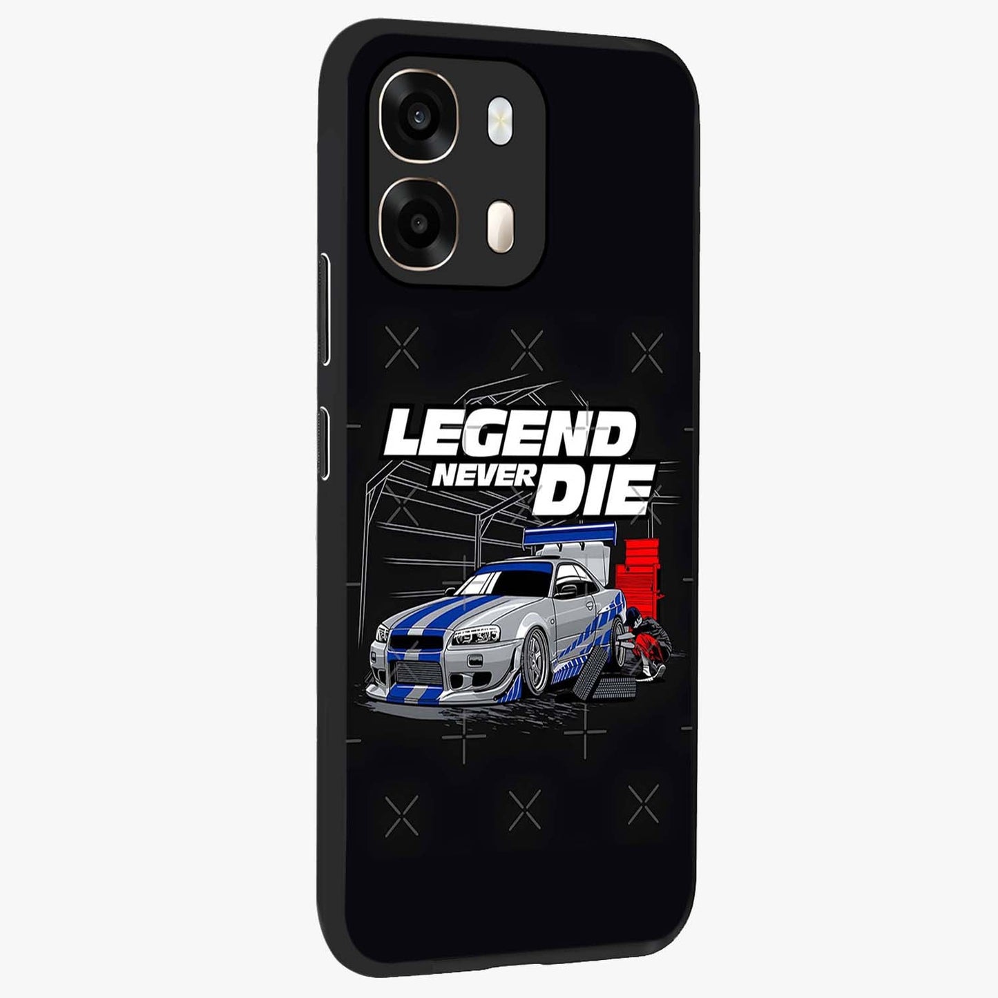 Midnight Racing Legacy Glass Case upright view showcasing powerful racing artwork with modern sports theme.