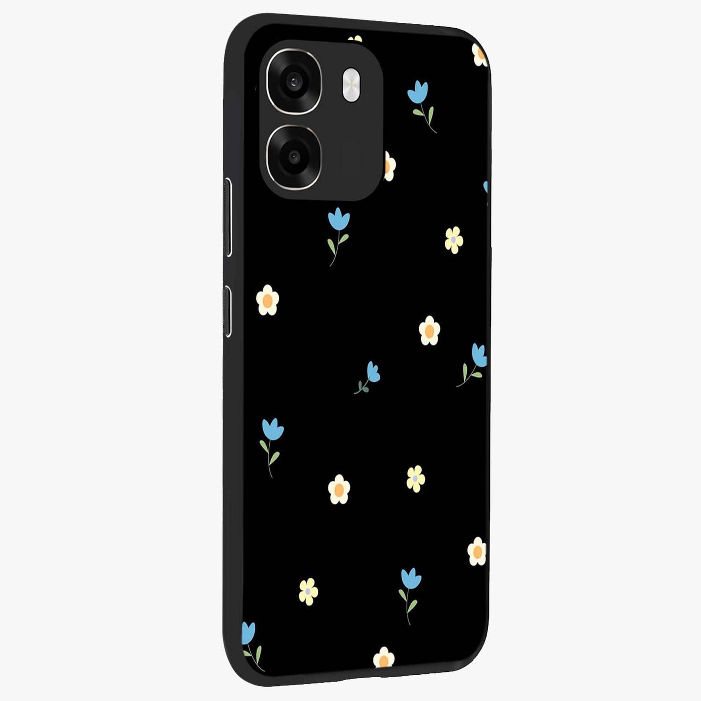 Minimal Petal Whispers Glass Case upright view showcasing elegant floral artwork with modern minimalist style.