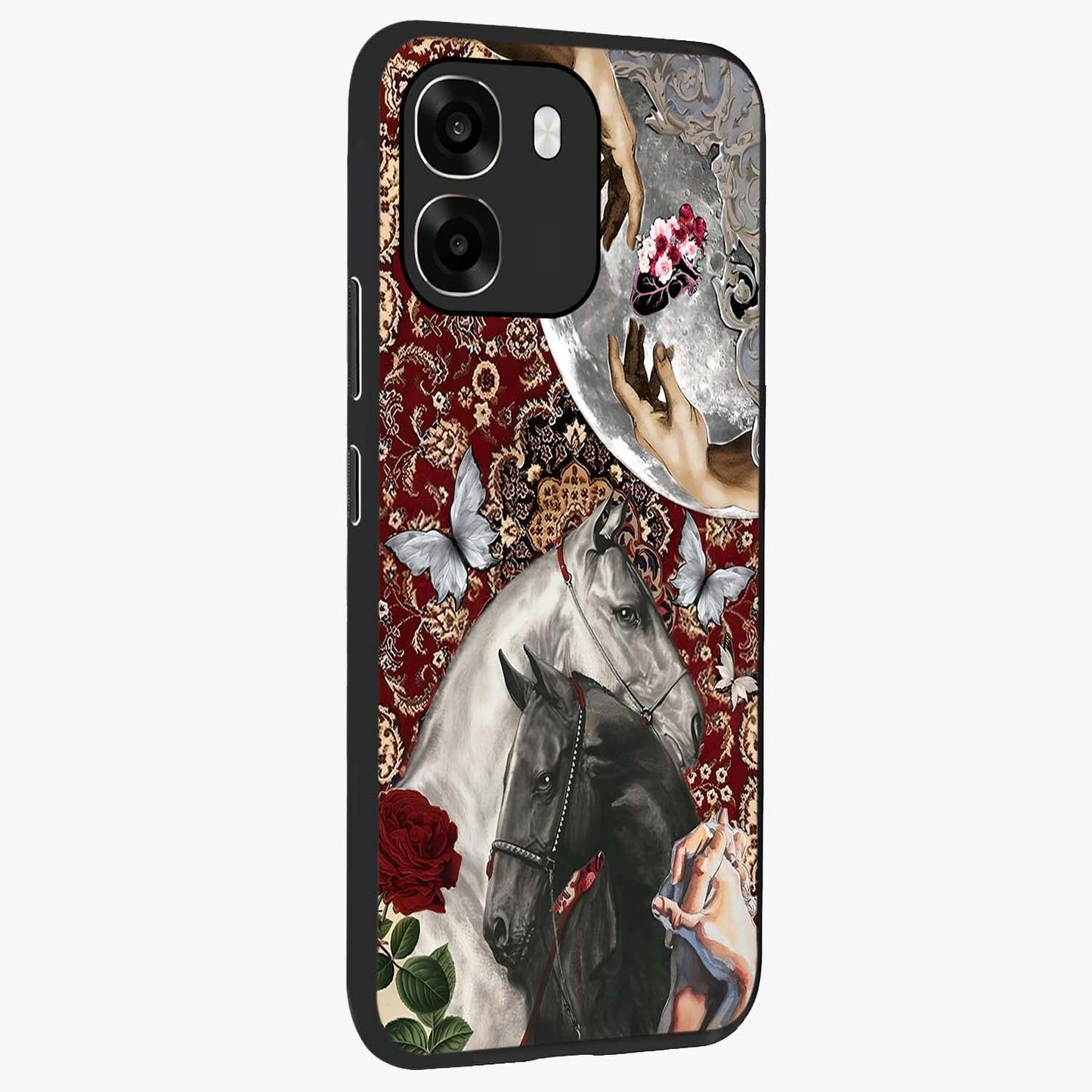 Moonlit Royal Stallion Glass Case upright view showcasing dramatic horse artwork with glowing moon themed design.