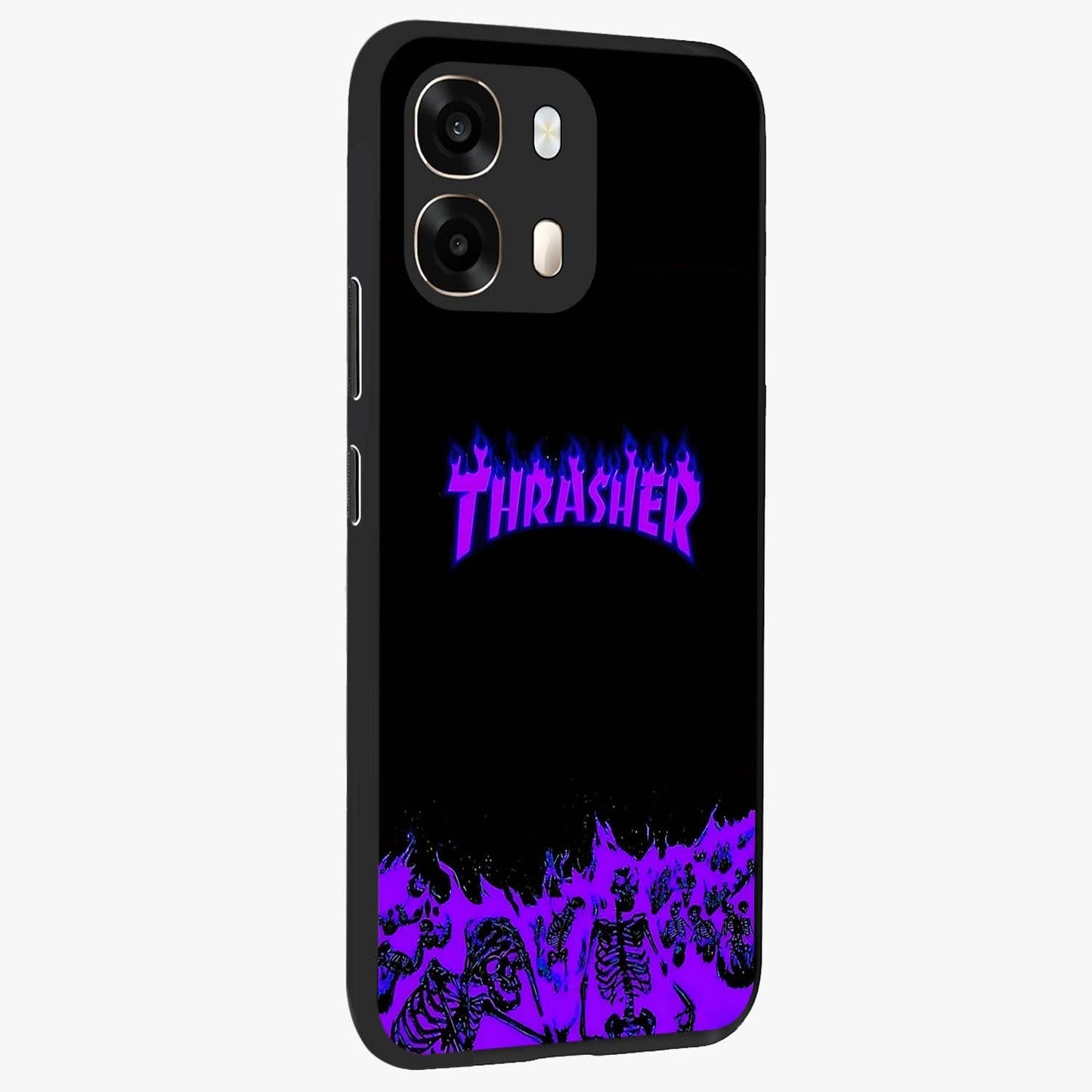 Neon Flame Riot Glass Case upright view showcasing dynamic flame artwork with energetic neon theme.