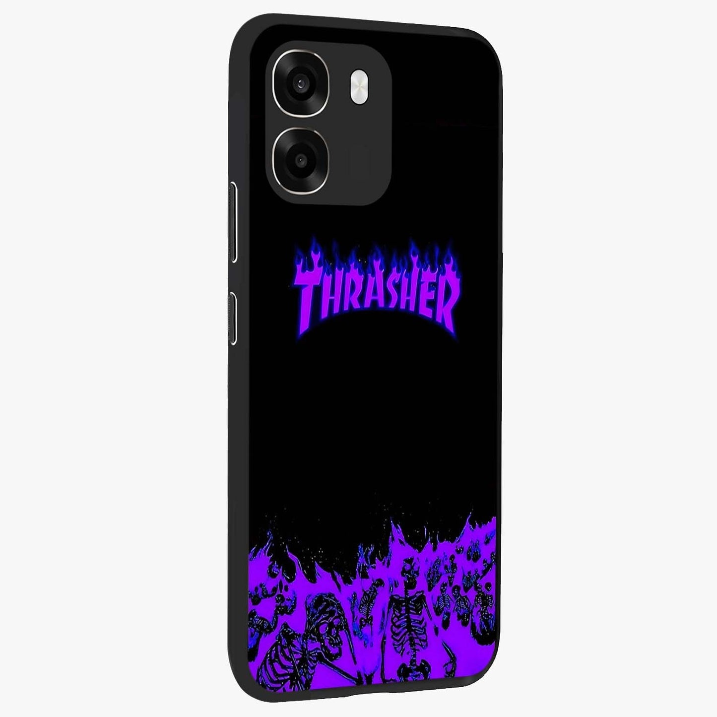 Neon Flame Riot Glass Case upright view showcasing dynamic flame artwork with energetic neon theme.