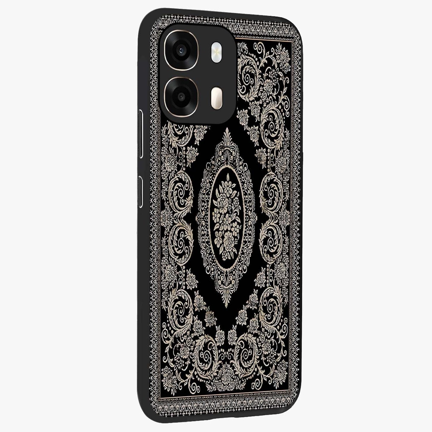 Noir Bloom Elegance Glass Case upright view showcasing graceful floral artwork with luxurious dark theme.