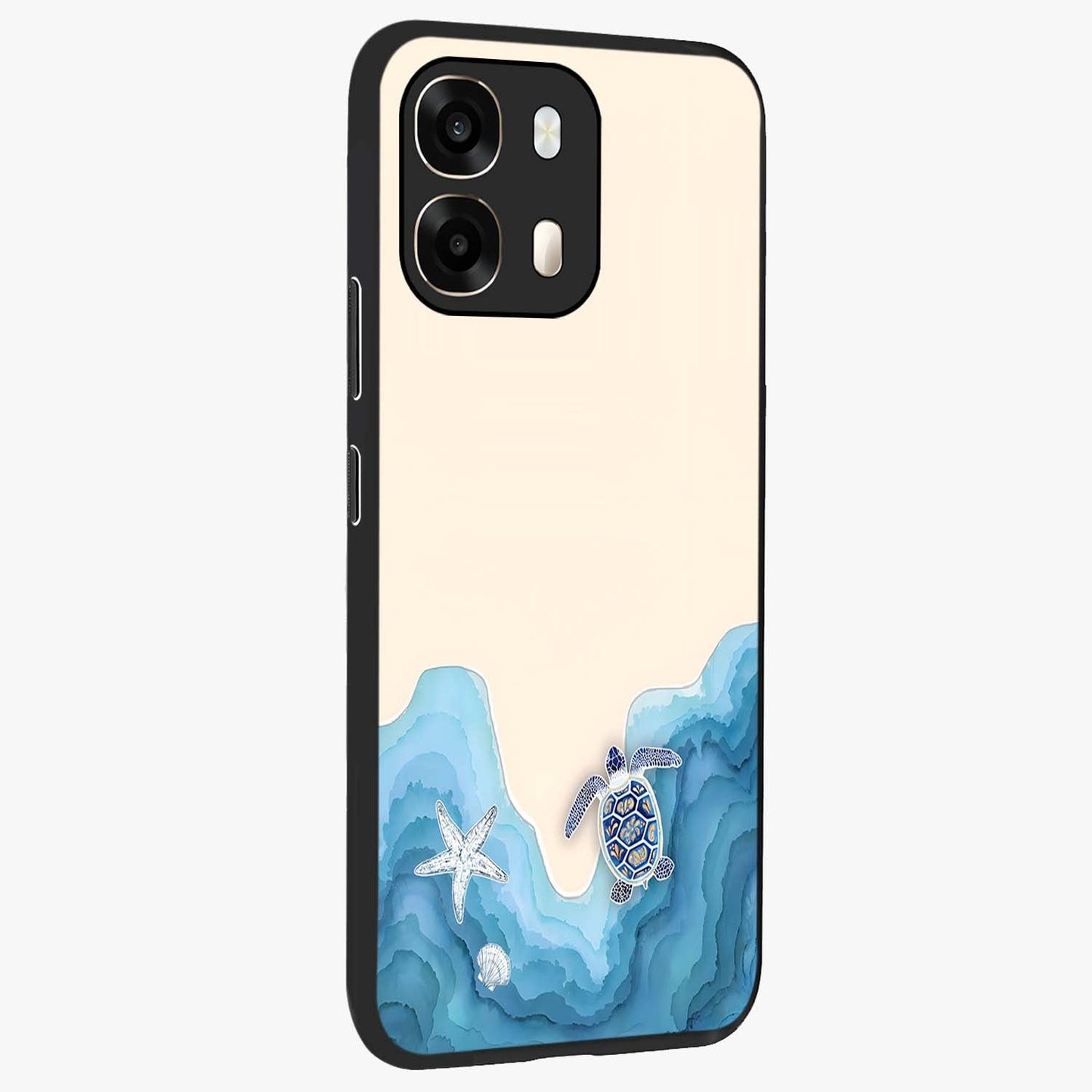 Ocean Drift Turtle Glass Case upright view showcasing calm underwater turtle artwork with nature inspired theme.