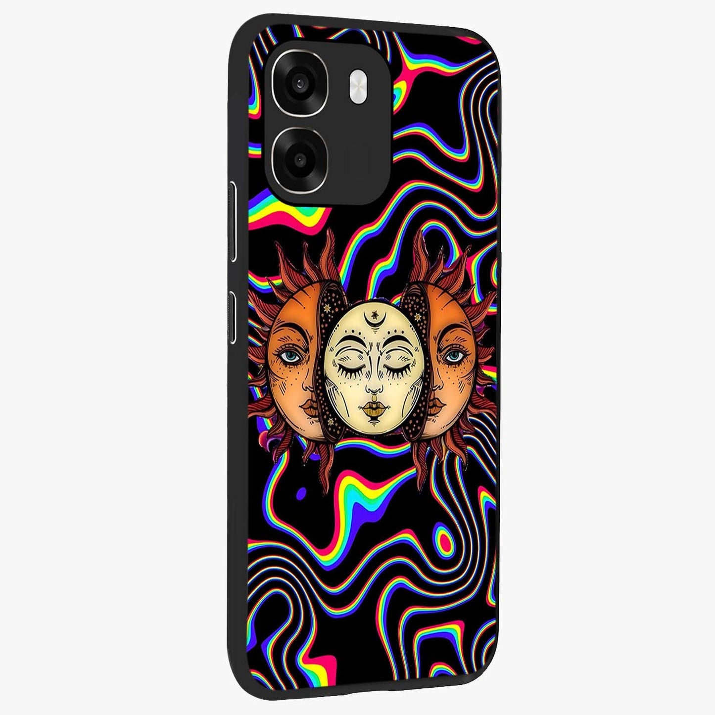 Psychedelic Sun Glass Case upright view showcasing trippy sun artwork with bold psychedelic theme.