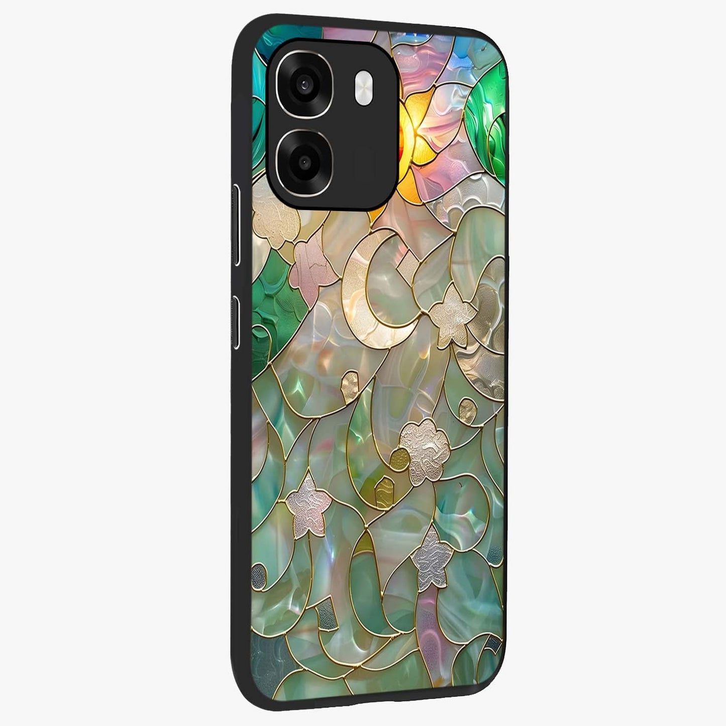 Stained Sunrise Glow Glass Case upright view showcasing colorful sunrise artwork with warm morning theme.
