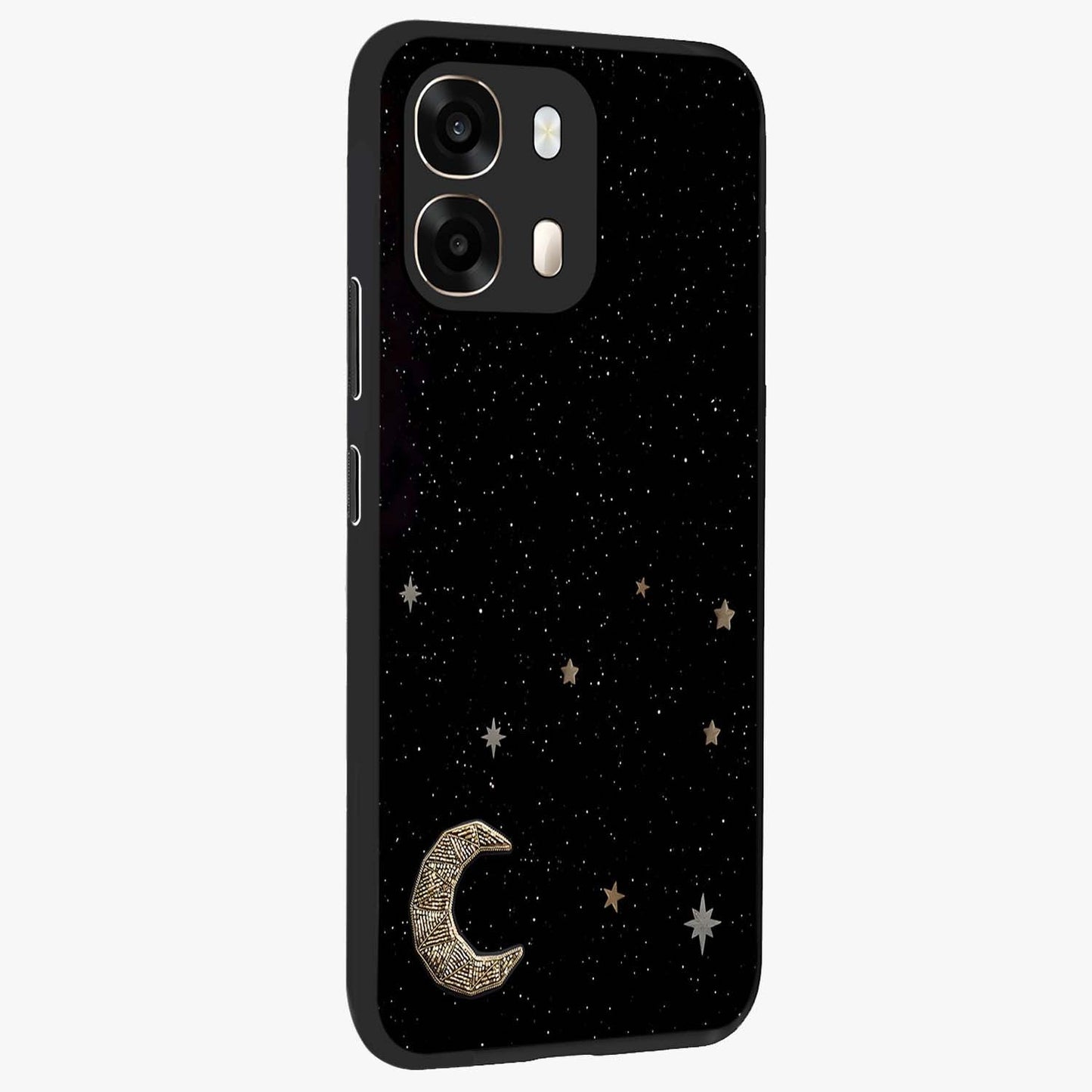 Twinkle Star With Half Moon Glass Case upright view showcasing glowing cosmic artwork with dreamy night theme.