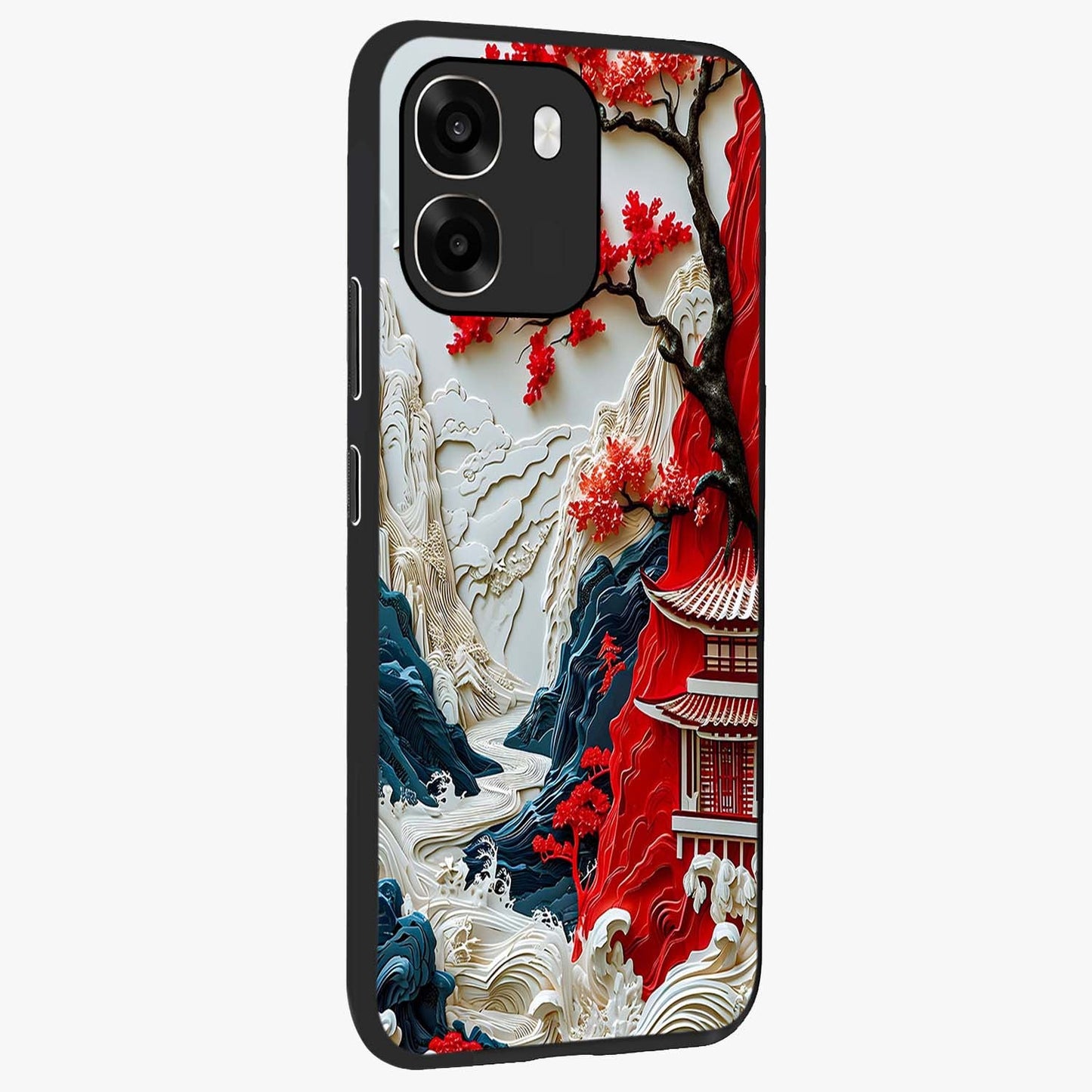 Whispers Of Sakura Waves Glass Case upright view showcasing delicate cherry blossom artwork with elegant nature theme.
