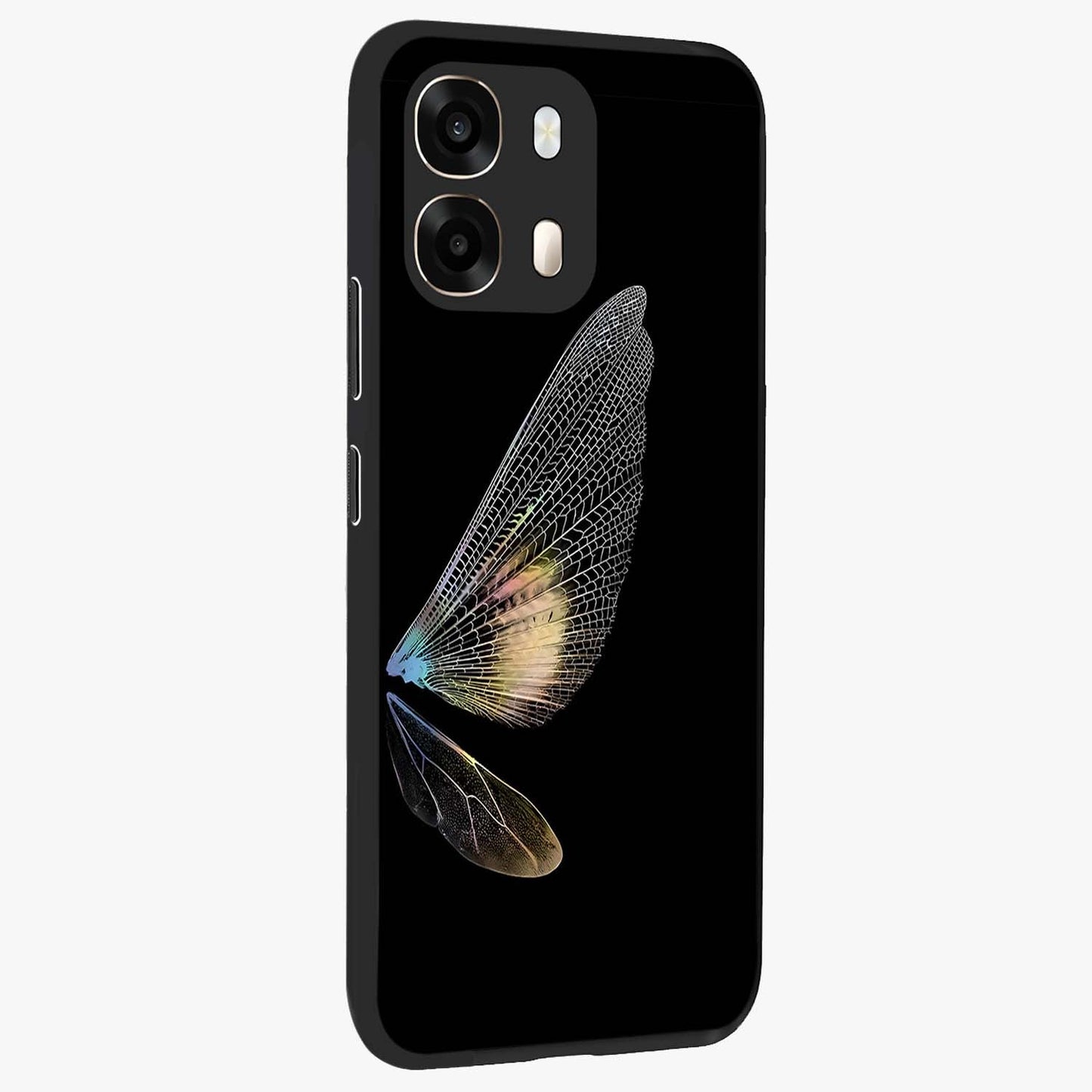 Whispers Of Wings Glass Case upright view showcasing elegant wing artwork with light airy theme.