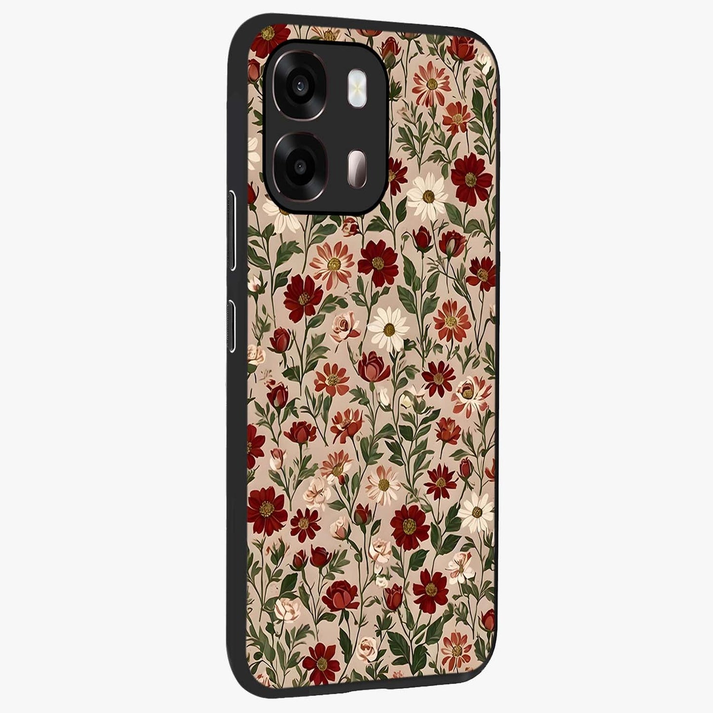 Biege Flower With Leaf Glass Case upright view showcasing delicate beige flower illustration with clean botanical style.