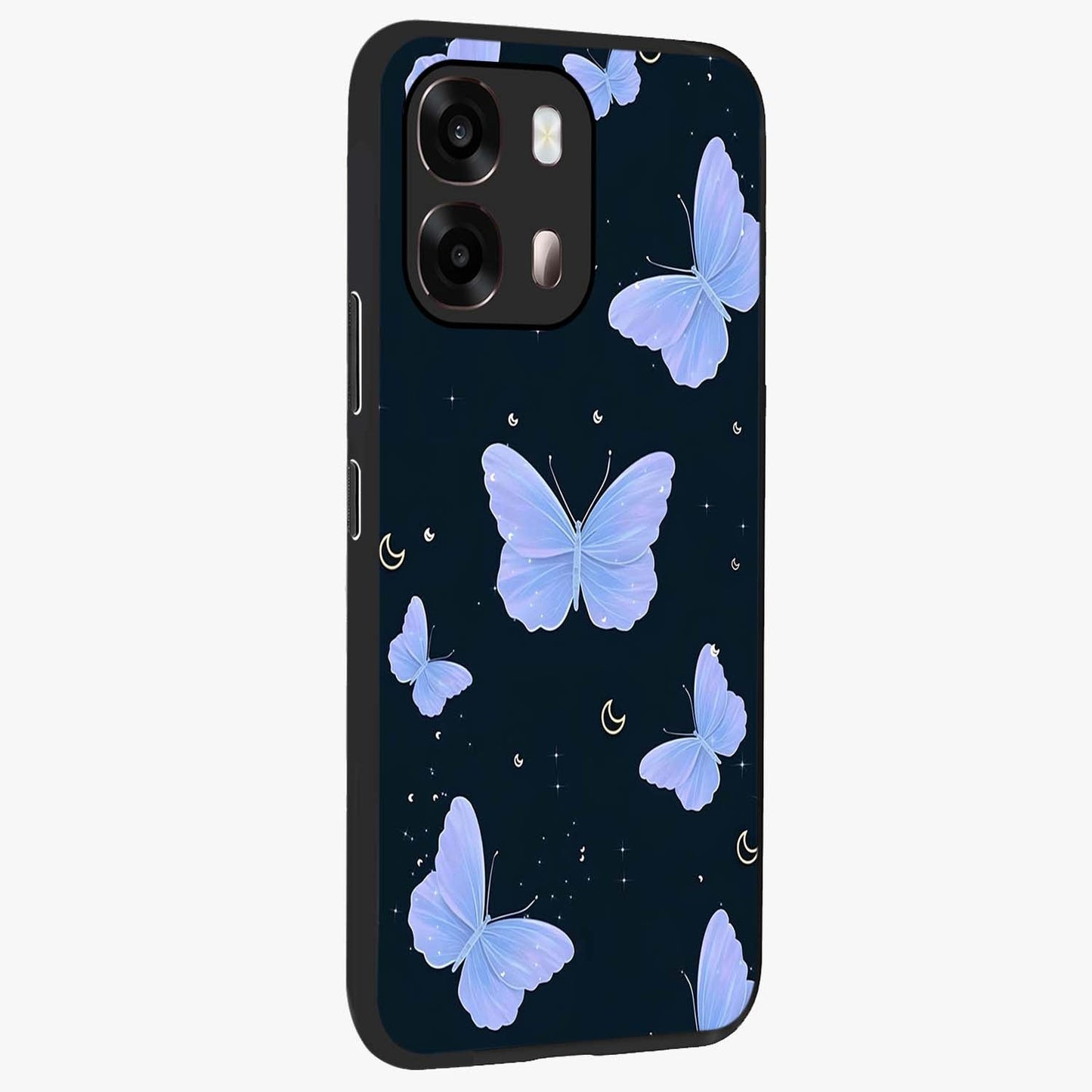 Butterfly With Stars Pattern Glass Case upright view showcasing celestial butterfly artwork with sparkling star elements.