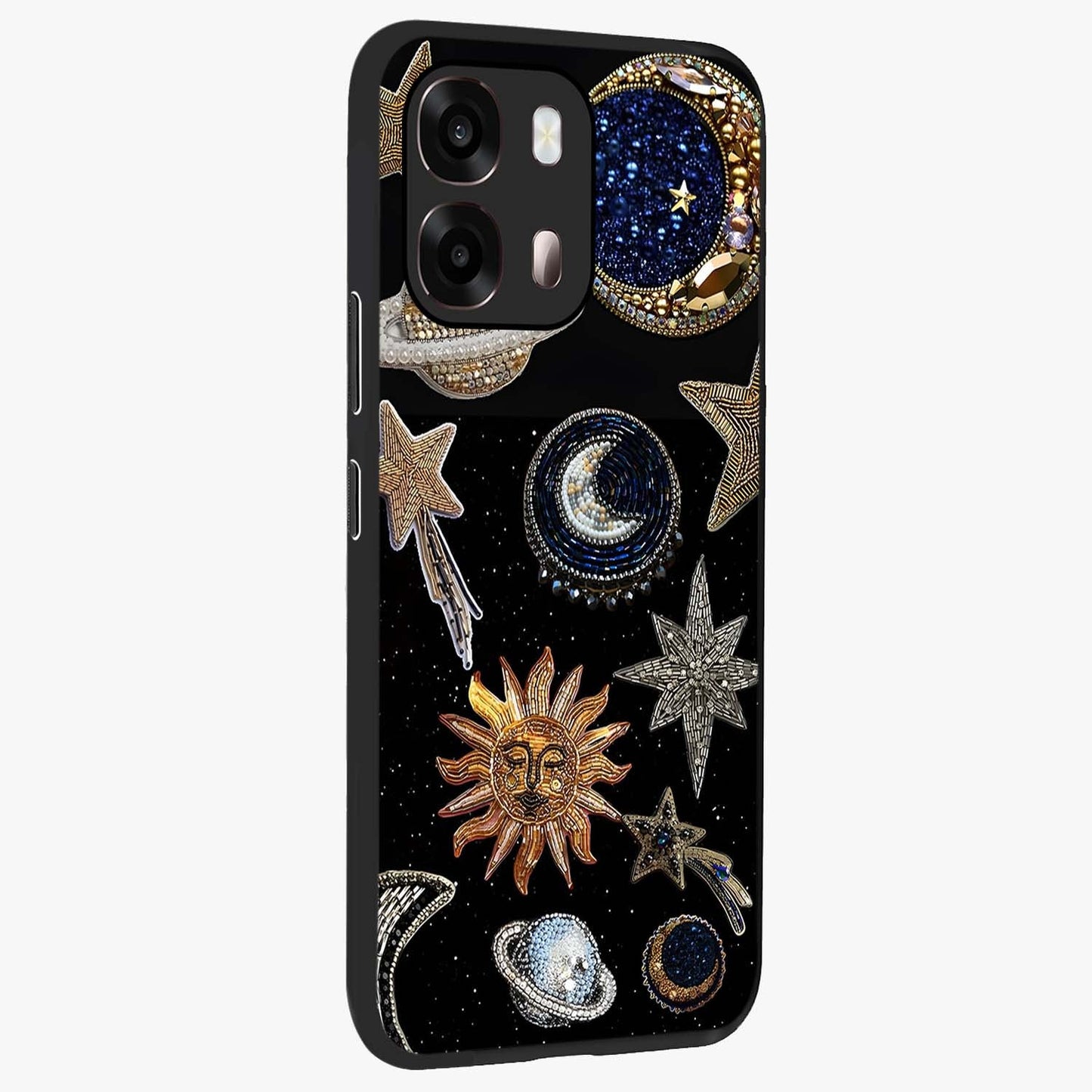 Celestial Gem Constellations Glass Case upright view showcasing cosmic constellation artwork with celestial aesthetic style.