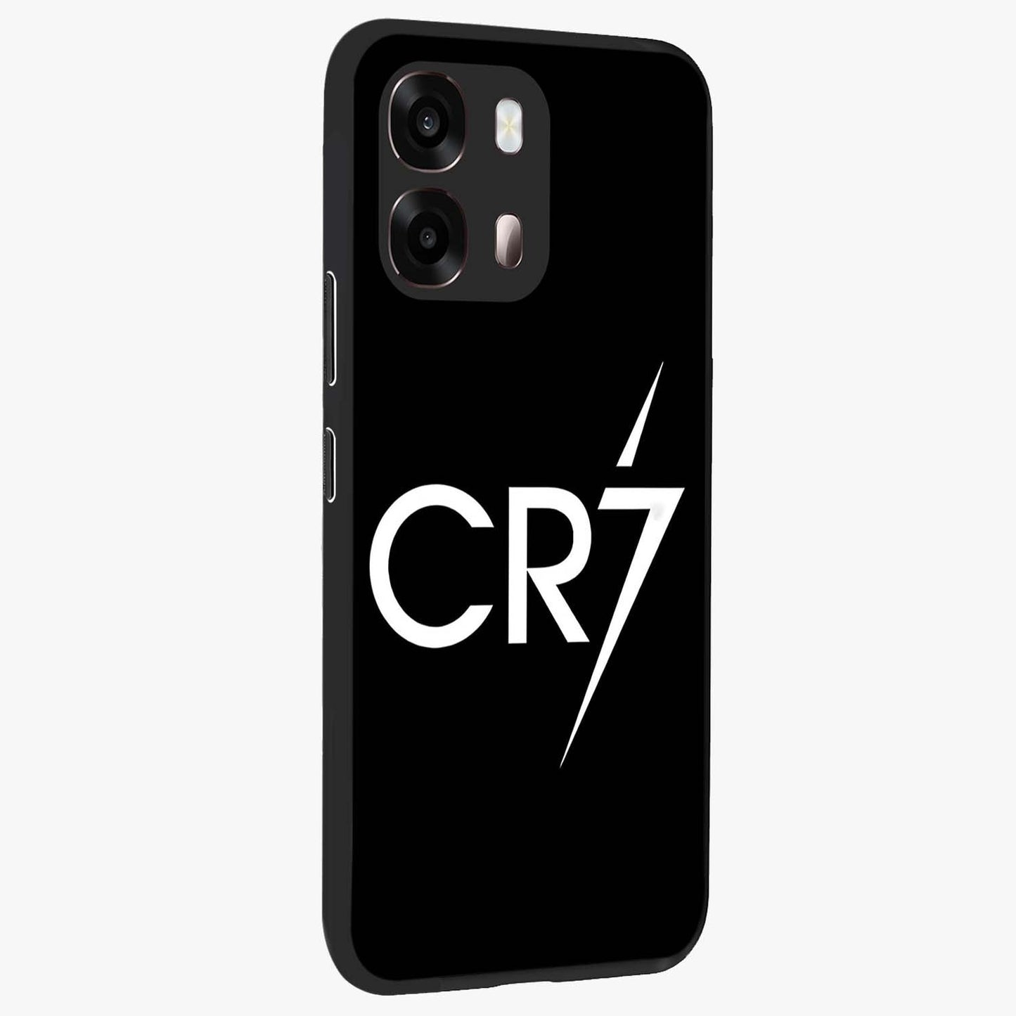 Cr7 Elite Strike Glass Case upright view showcasing energetic football inspired design with modern sports aesthetic.