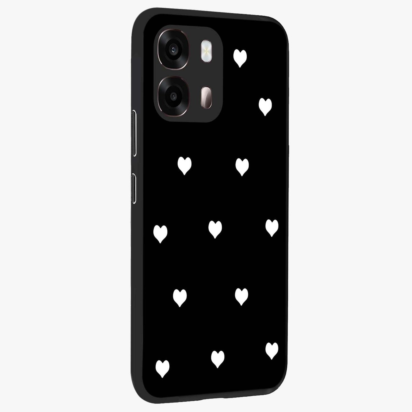 Cute And Simple White Hearts Glass Case upright view showcasing simple white hearts artwork with soft minimal theme.