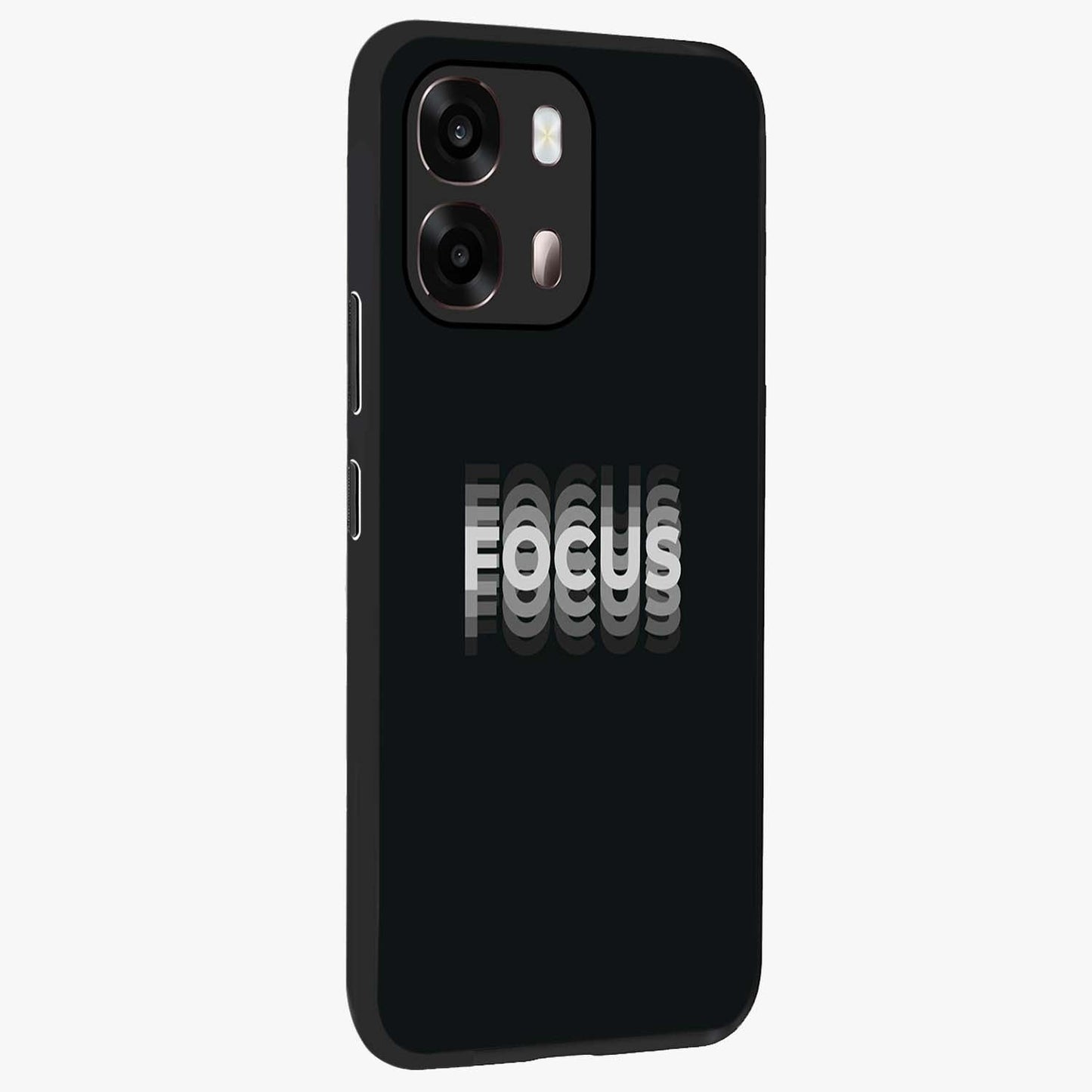 Focus Mode On Glass Case upright view showcasing strong typography statement with sleek motivational theme.
