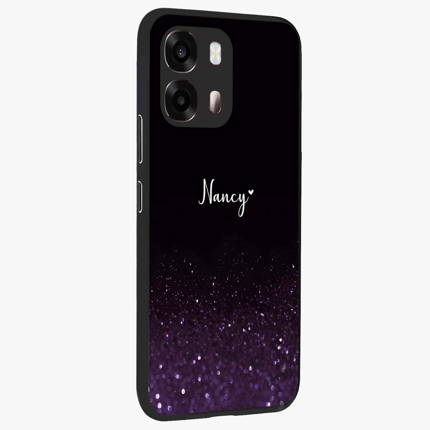 Glittery Purple Bokeh Custom Name Glass Case upright view showcasing vibrant purple sparkle artwork with personalized aesthetic style.