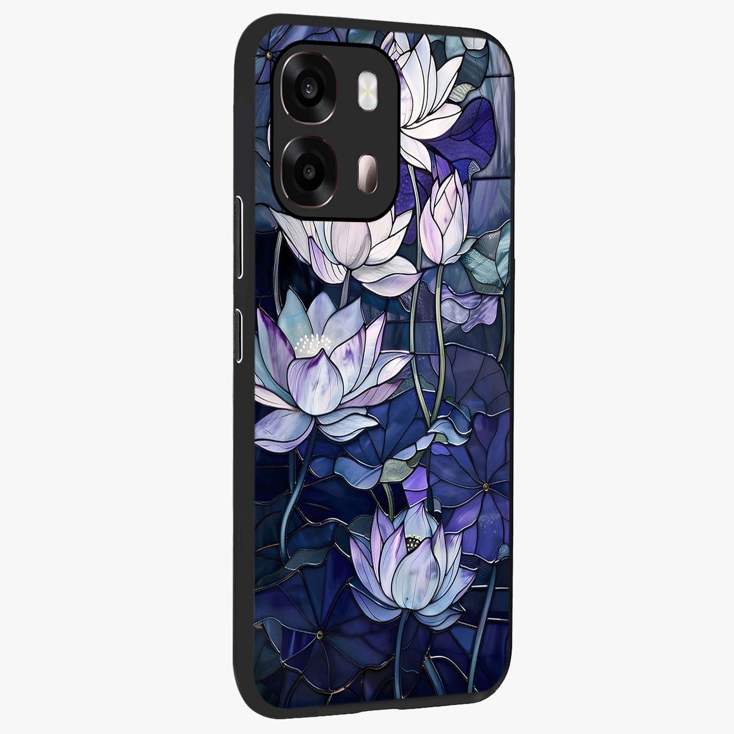 Gloss Petal Rush Glass Case upright view showcasing dynamic floral petal artwork with modern botanical theme.