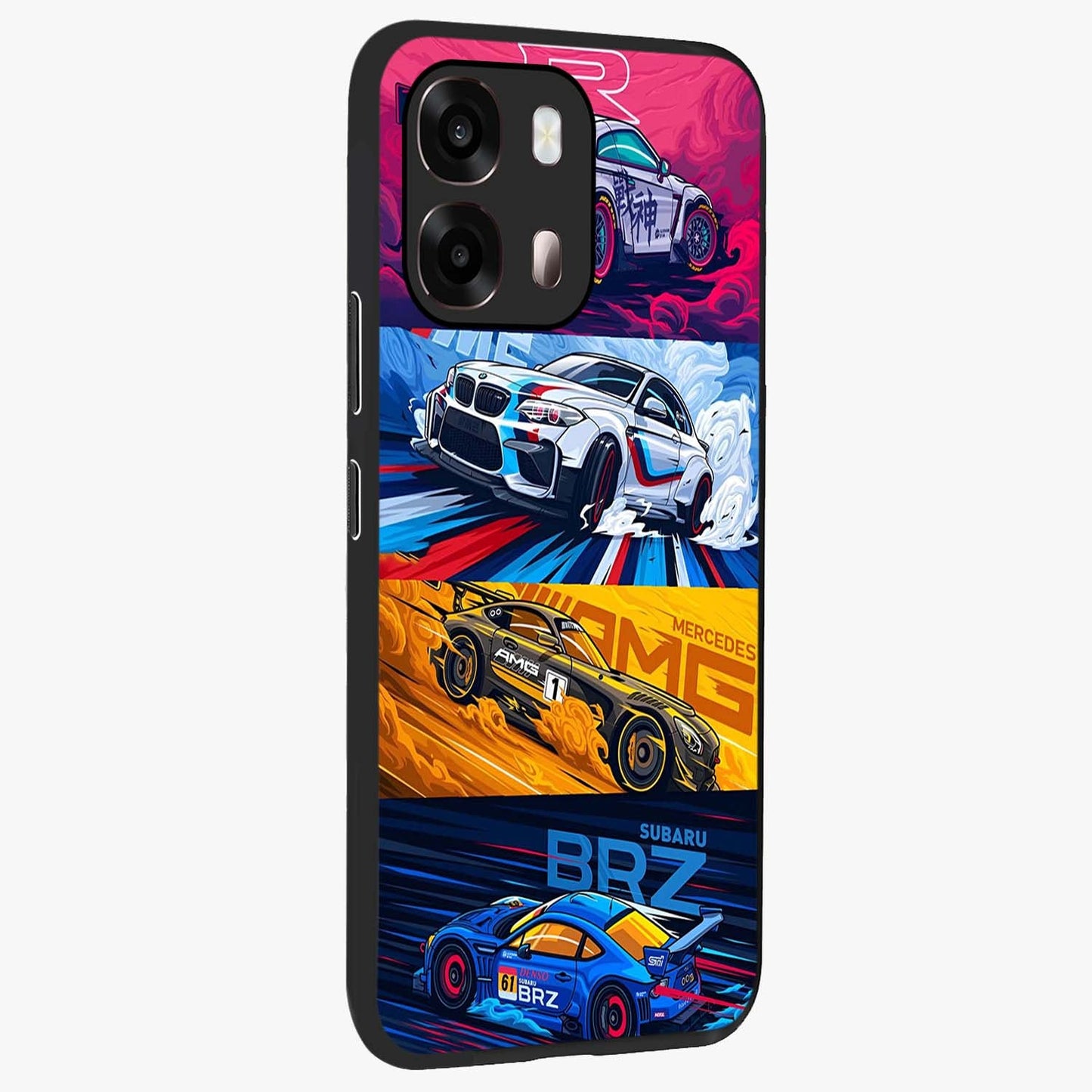 JDM Sports Car Glass Case upright view showcasing dynamic sports car artwork with bold racing theme.