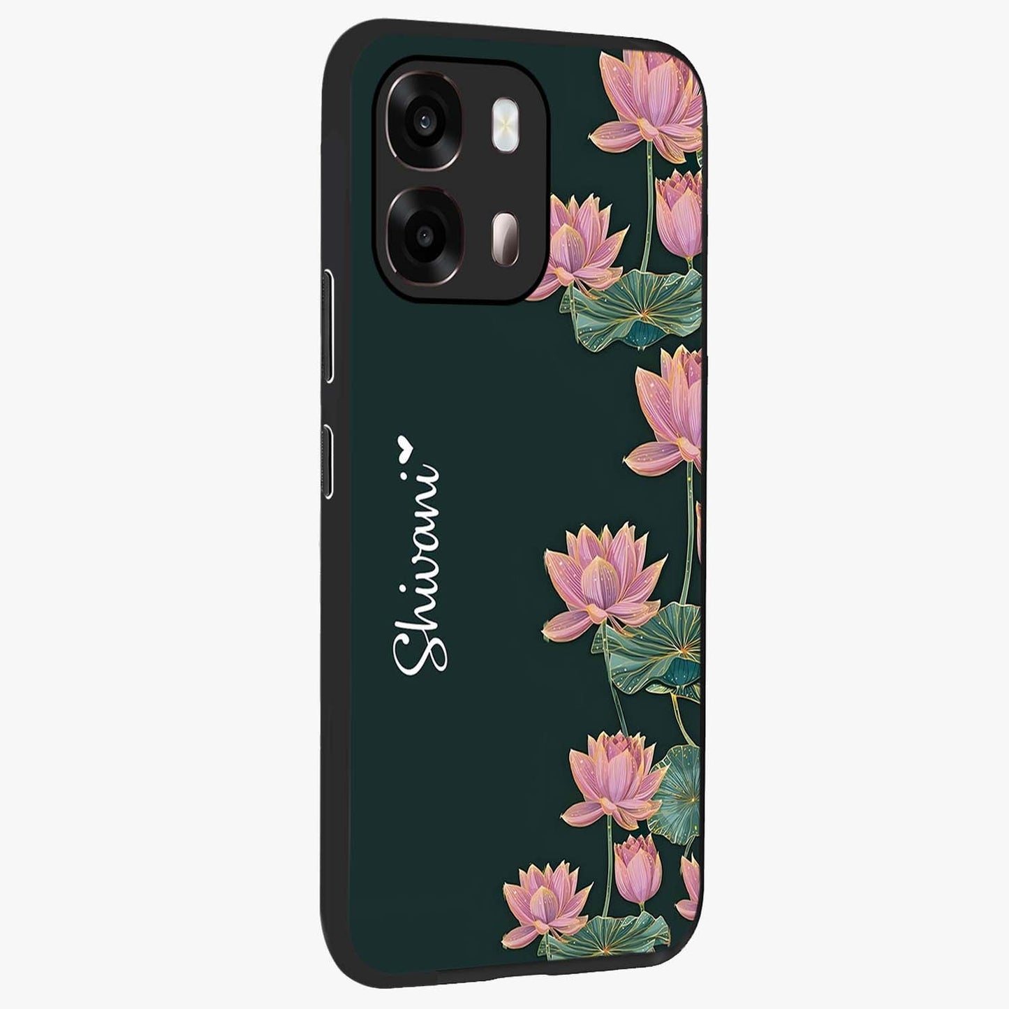 Lotus Bloom Serenity Custom Name Glass Case upright view showcasing serene lotus bloom artwork with personalized floral aesthetic.