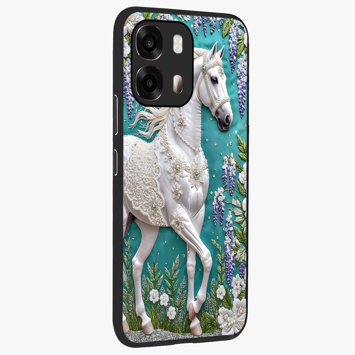 Majestic Floral Stallion Glass Case upright view showcasing dramatic horse artwork with decorative floral theme.