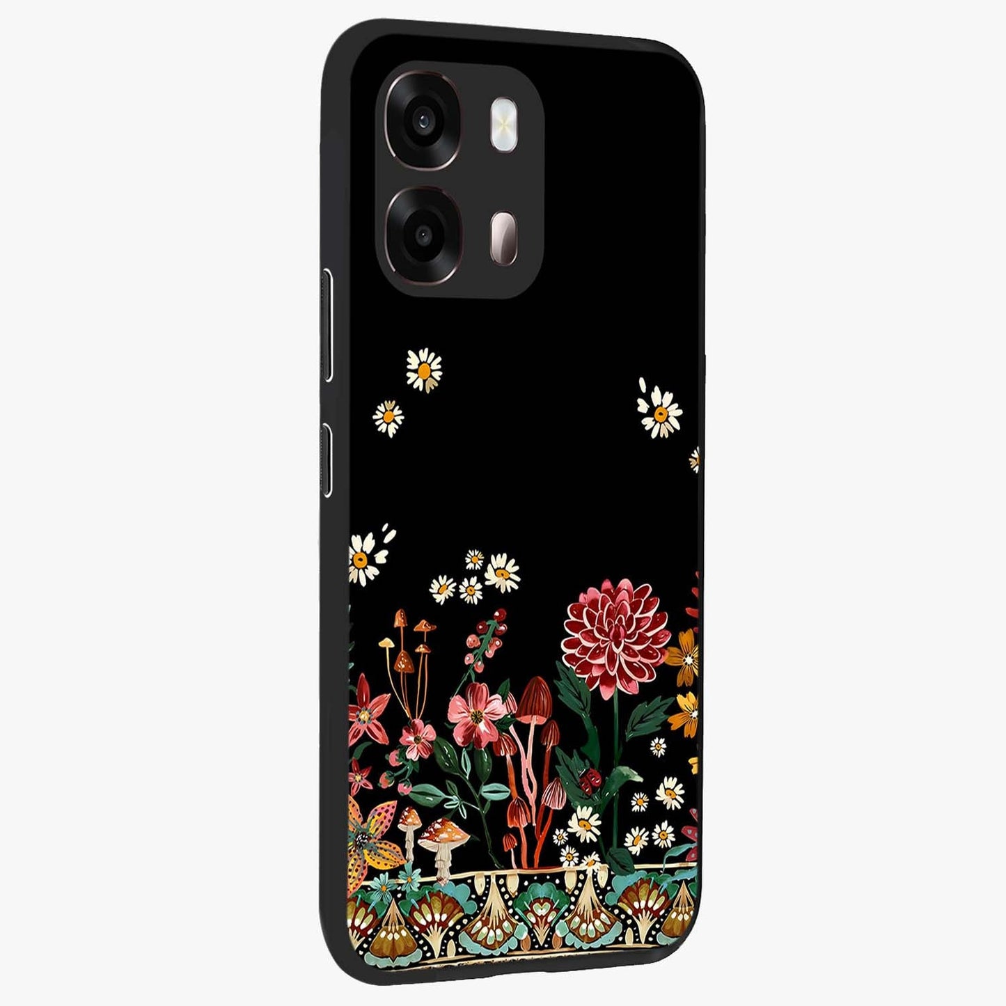 Midnight Bloom Pattern Glass Case upright view showcasing decorative floral artwork with deep night themed palette.