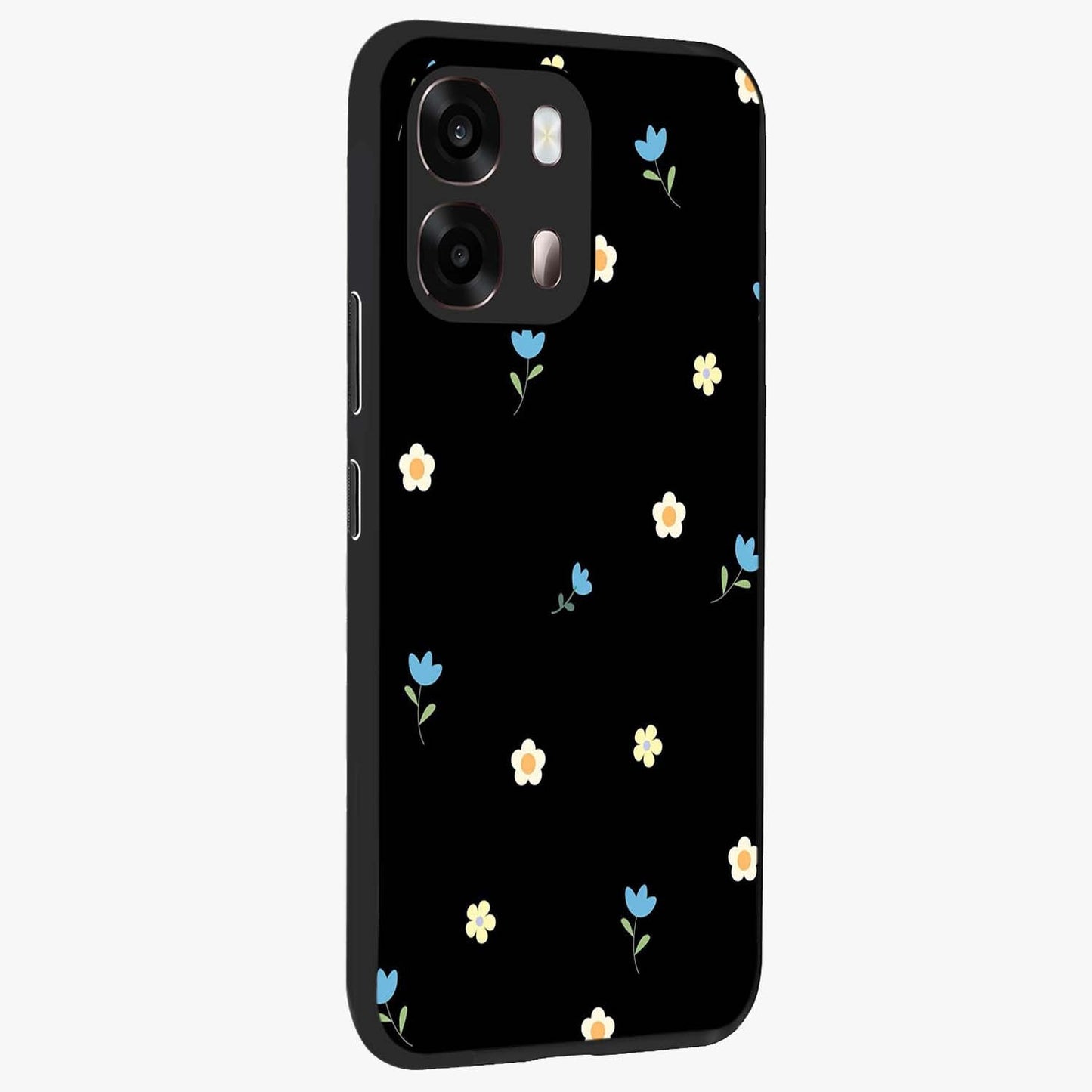 Minimal Petal Whispers Glass Case upright view showcasing elegant floral artwork with modern minimalist style.