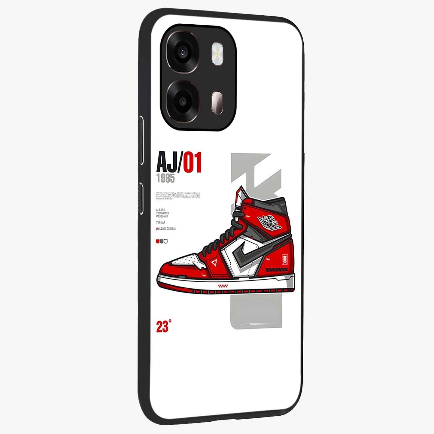 Retro Sneaker Blueprint Glass Case upright view showcasing stylish sneaker illustration with vintage streetwear theme.