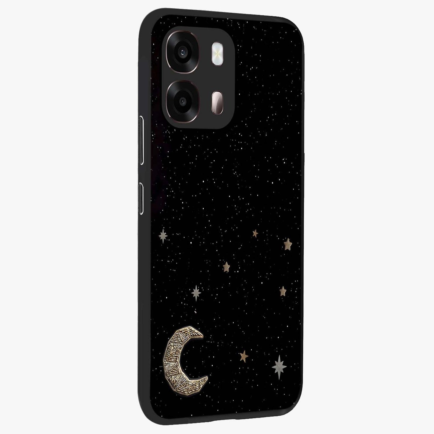 Twinkle Star With Half Moon Glass Case upright view showcasing glowing cosmic artwork with dreamy night theme.
