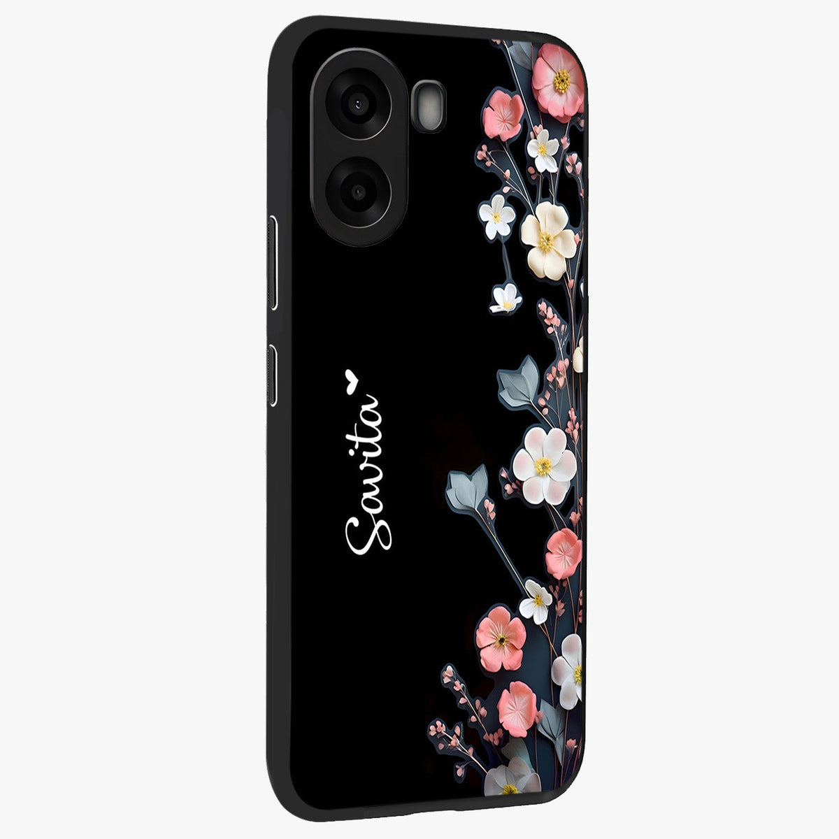Black Elegance Floral Custom Name Glass Case upright view showcasing luxurious black floral design with personalized name detail.