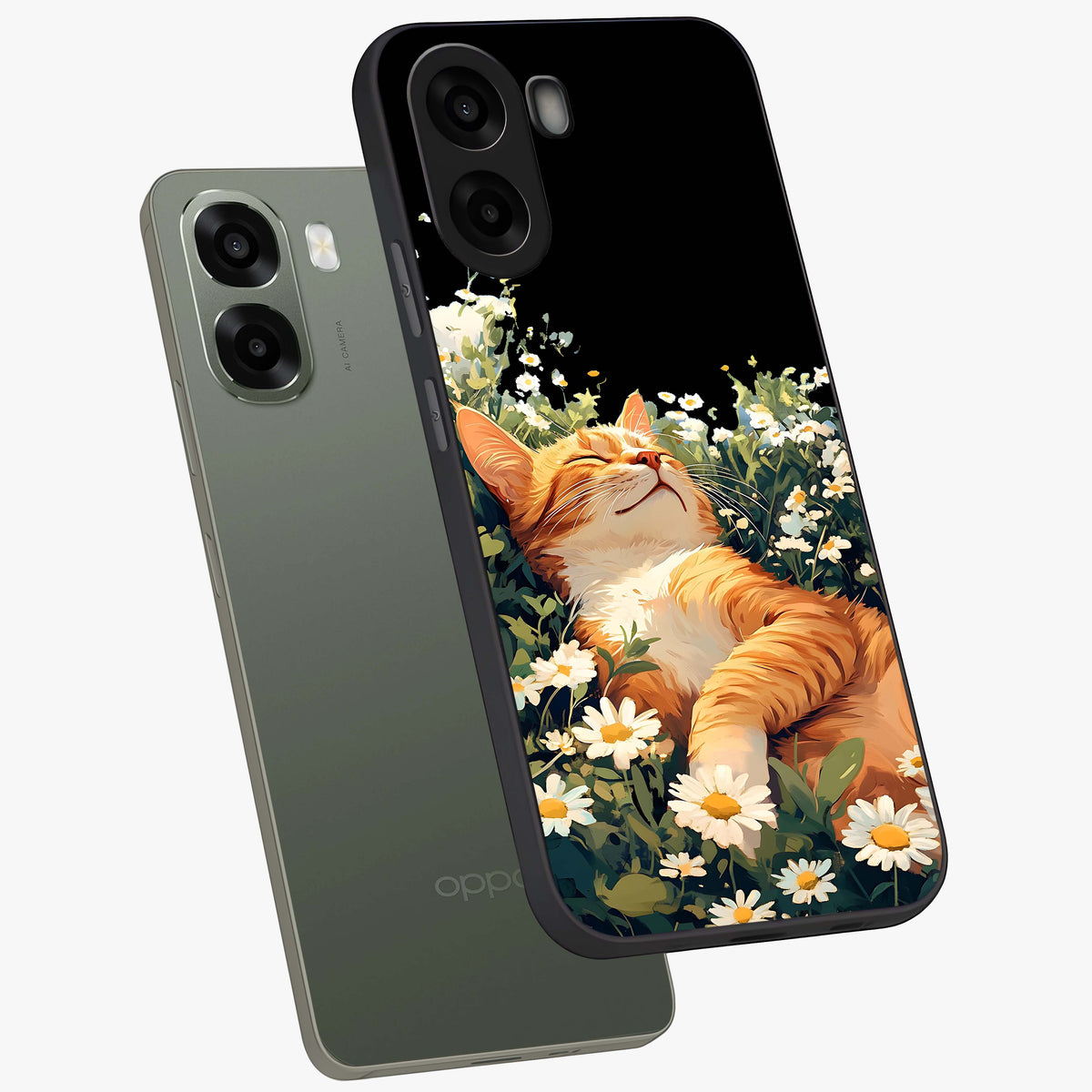 Blissful Bloom Cat Glass Case upright view showcasing charming cat design surrounded by blooming floral elements.
