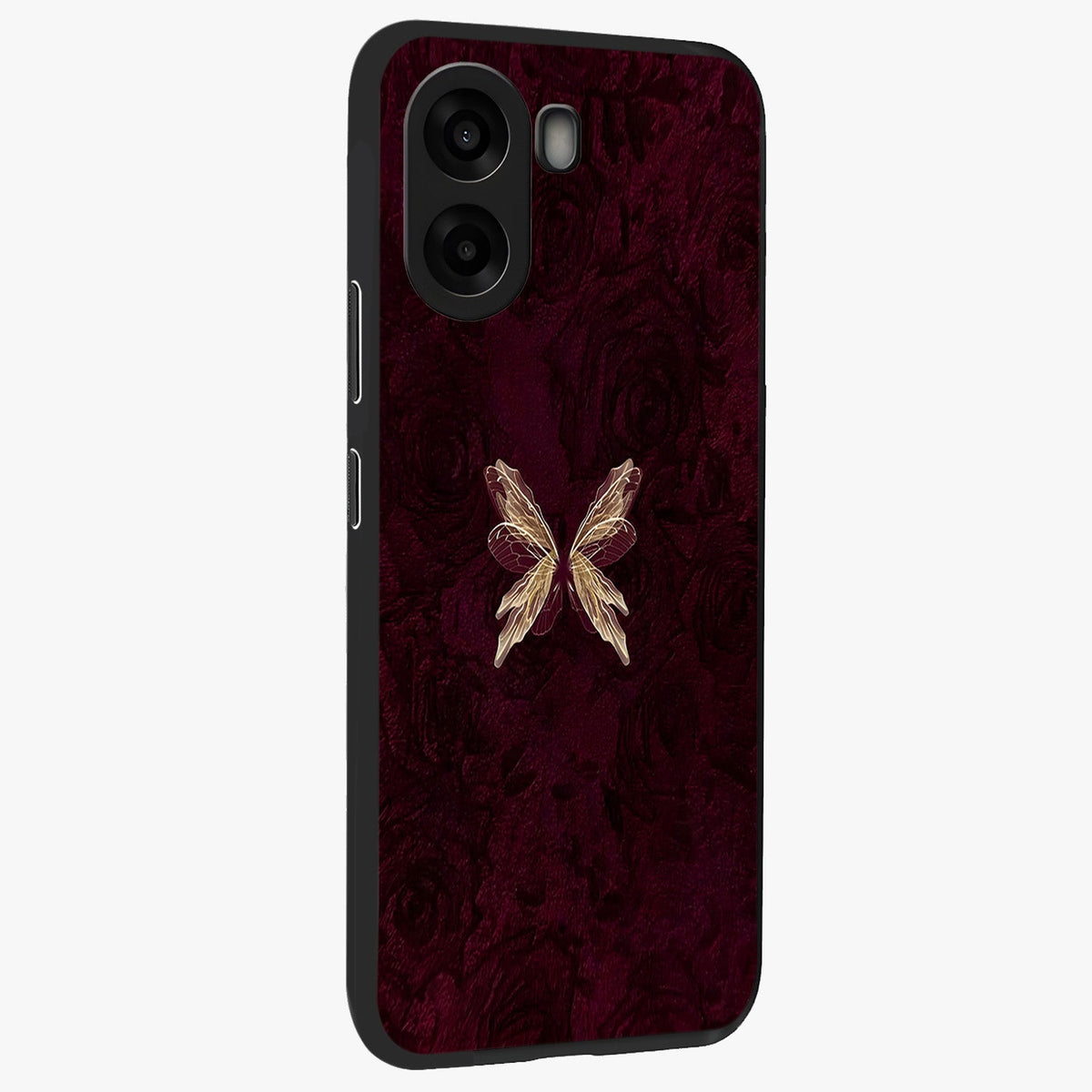 Crimson Fade Butterfly Glass Case upright view showcasing graceful butterfly artwork with soft crimson fade effect.
